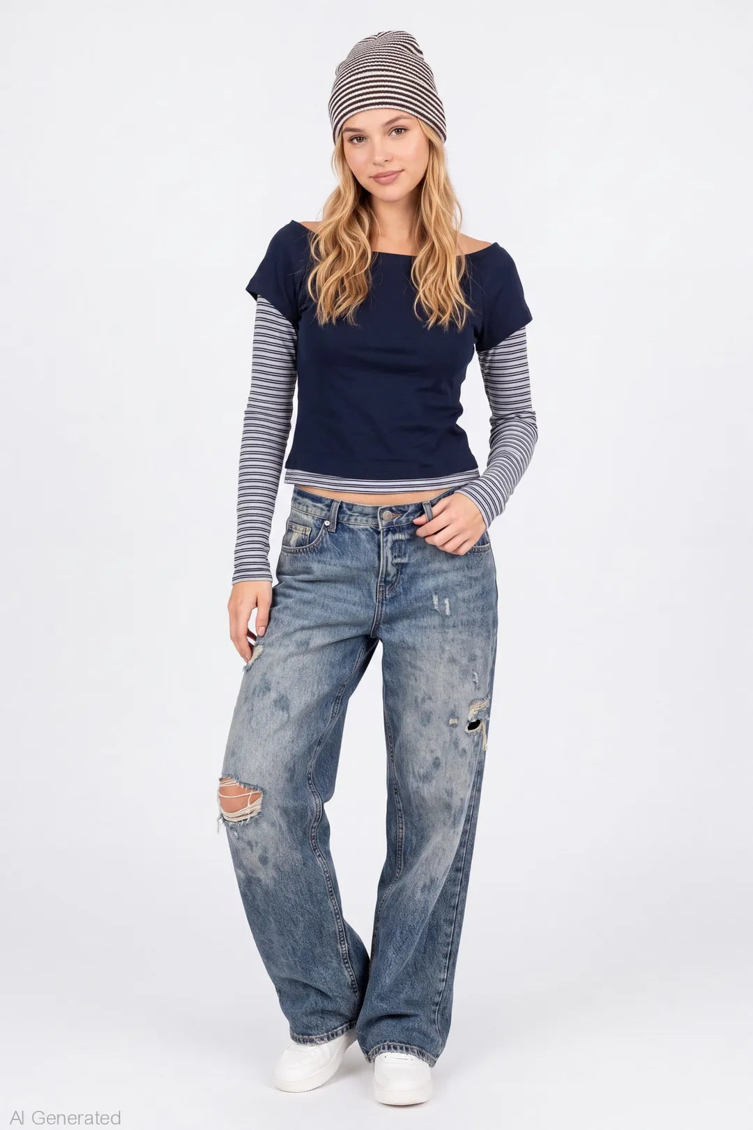 Alt View 3. Layered Long Sleeve Off Shoulder Top - Navy