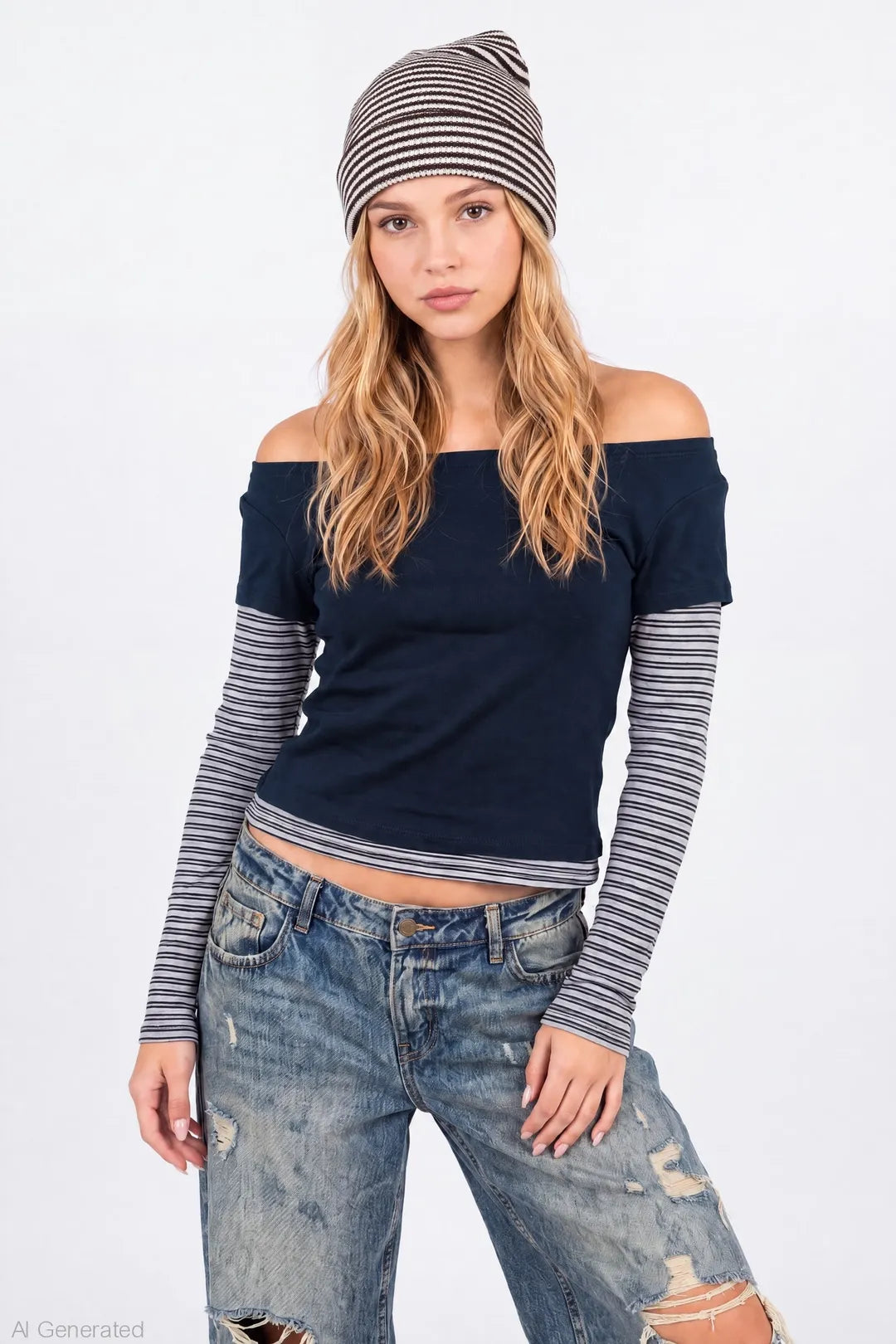 Layered Long Sleeve Off Shoulder Top - Navy