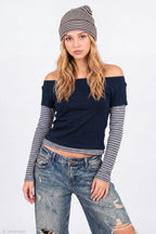 Layered Long Sleeve Off Shoulder Top
