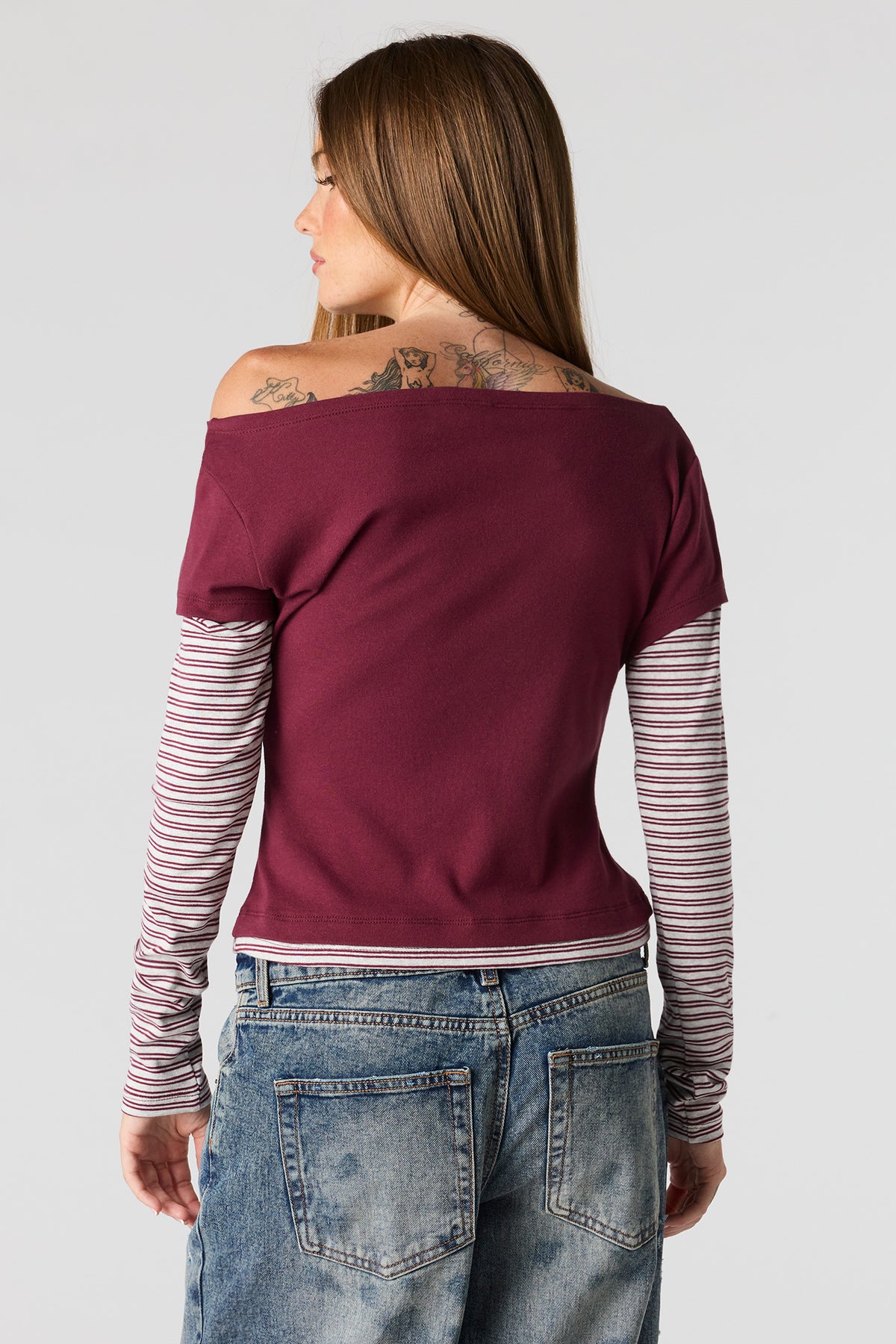Alt View 2. Layered Long Sleeve Off Shoulder Top - Burgundy