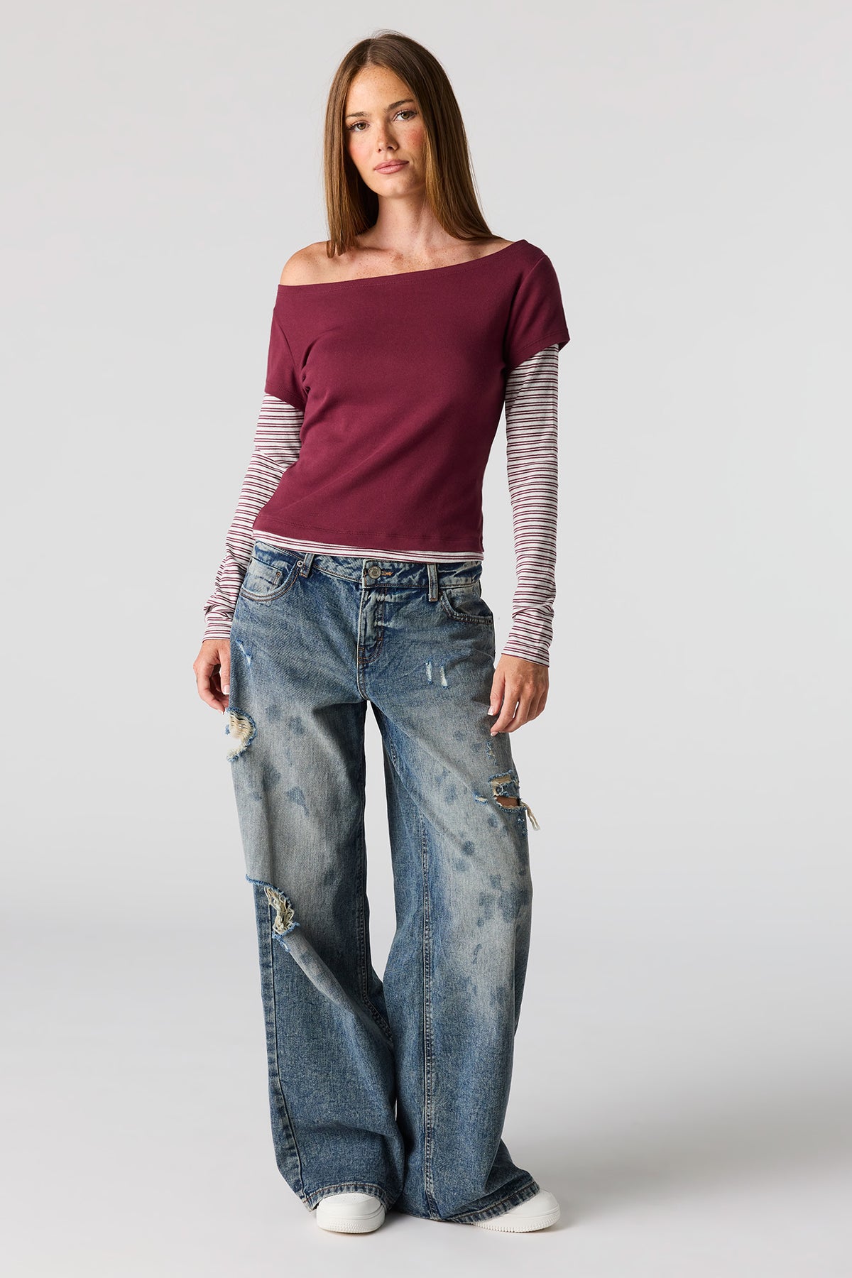 Alt View 3. Layered Long Sleeve Off Shoulder Top - Burgundy