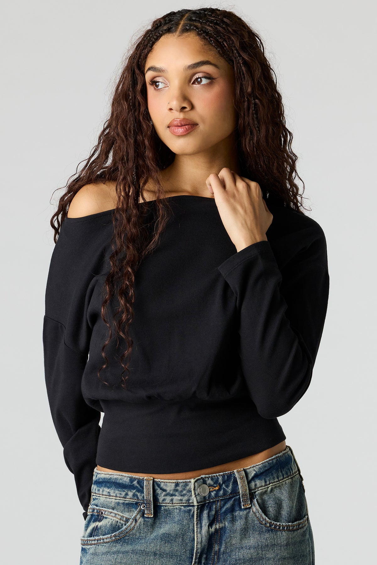 Off Shoulder Long Sleeve Top - Black