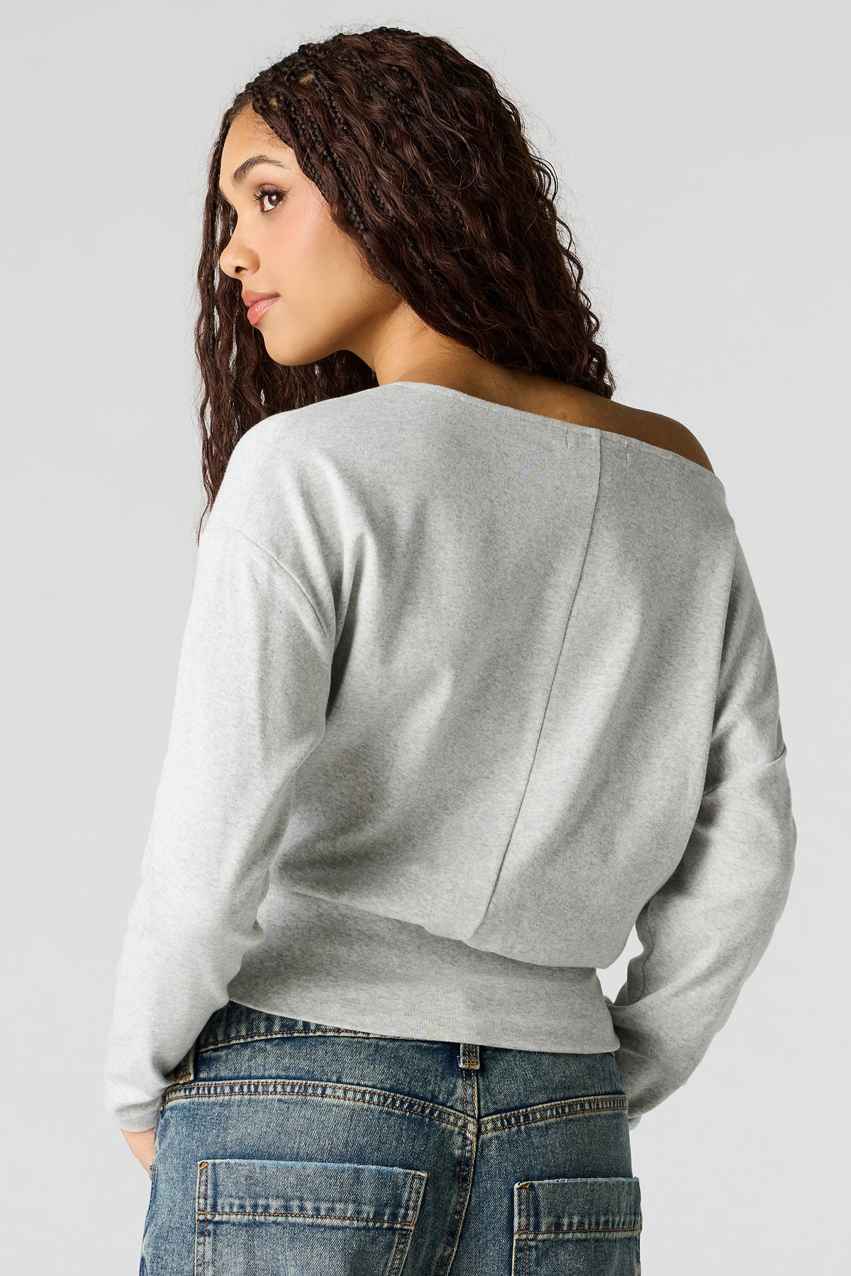 Alt View 2. Off Shoulder Long Sleeve Top - Heather Grey