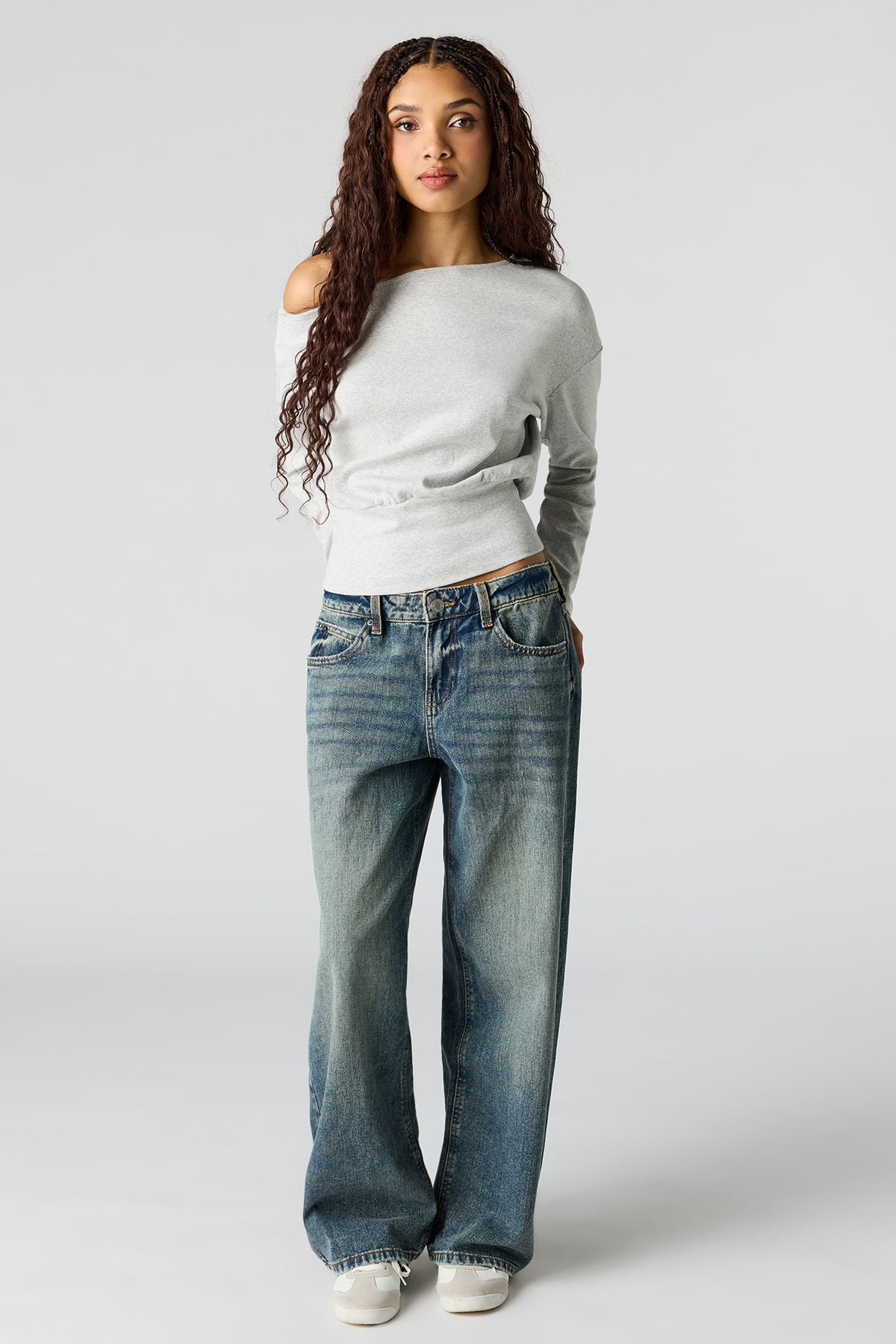 Alt View 3. Off Shoulder Long Sleeve Top - Heather Grey