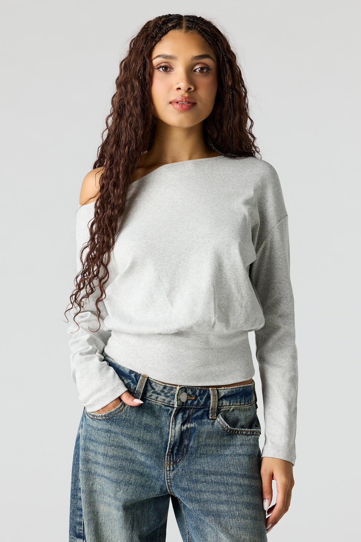 Off Shoulder Long Sleeve Top - Heather Grey