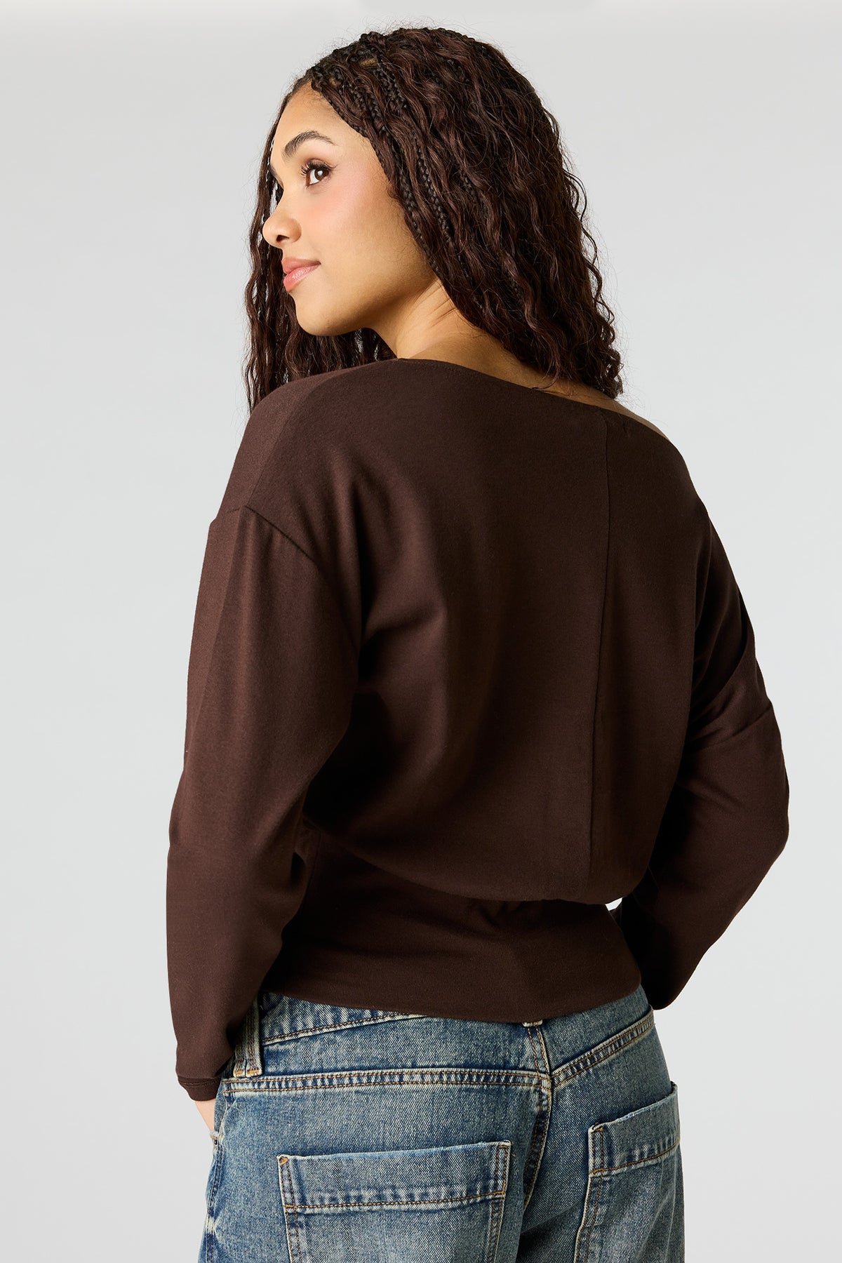 Alt View 2. Off Shoulder Long Sleeve Top - Brown