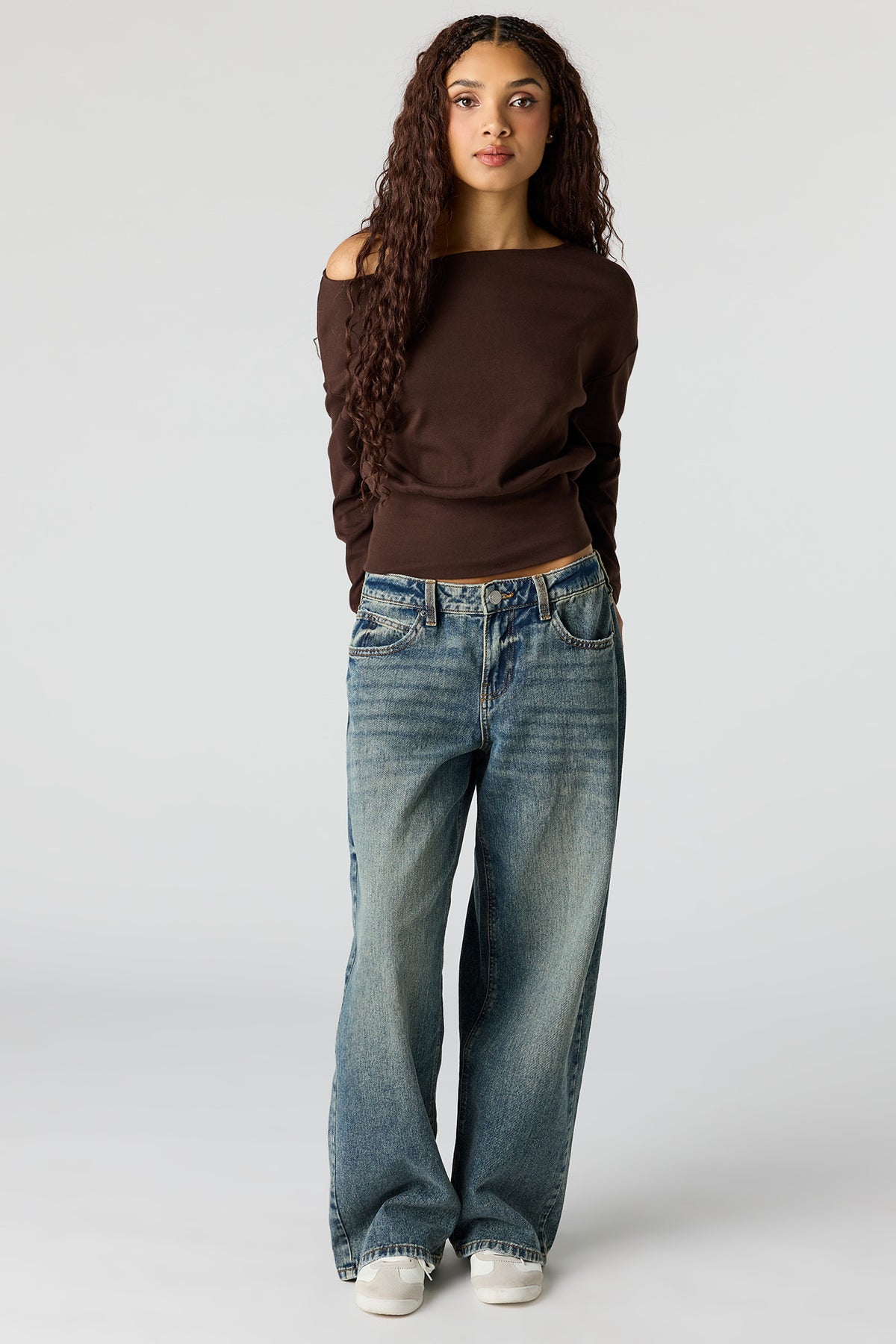 Alt View 3. Off Shoulder Long Sleeve Top - Brown