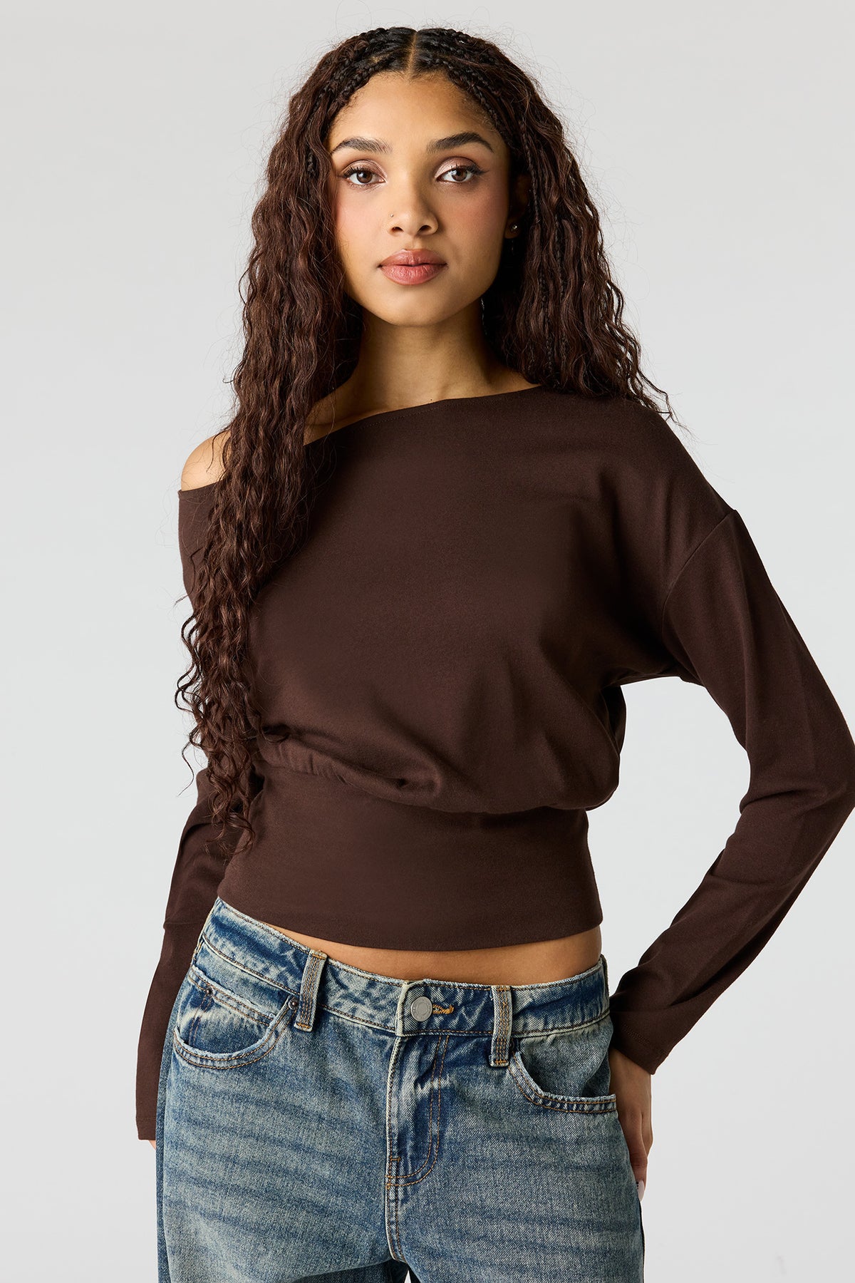 Off Shoulder Long Sleeve Top - Brown