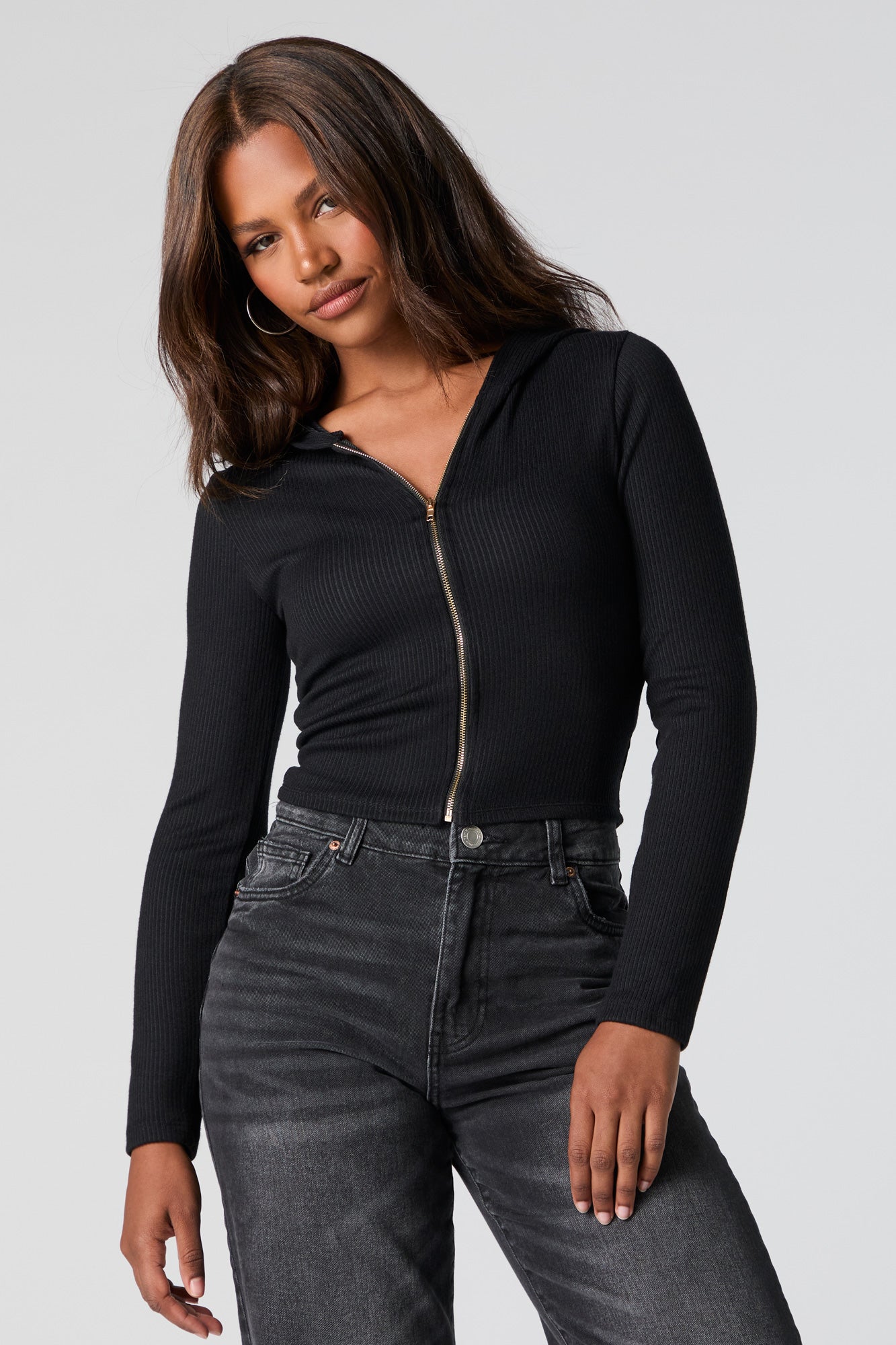 Ribbed Zip-Up Cropped Hoodie