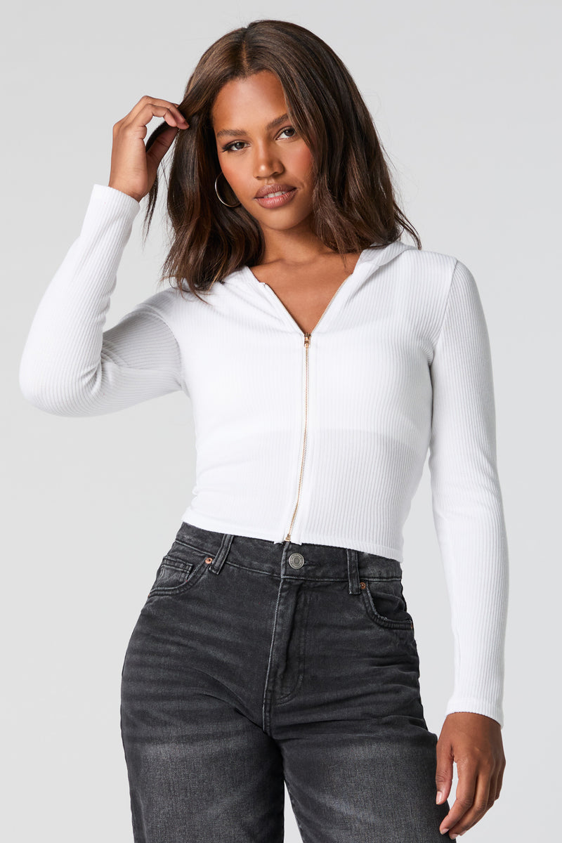 Ribbed Zip-Up Cropped Hoodie