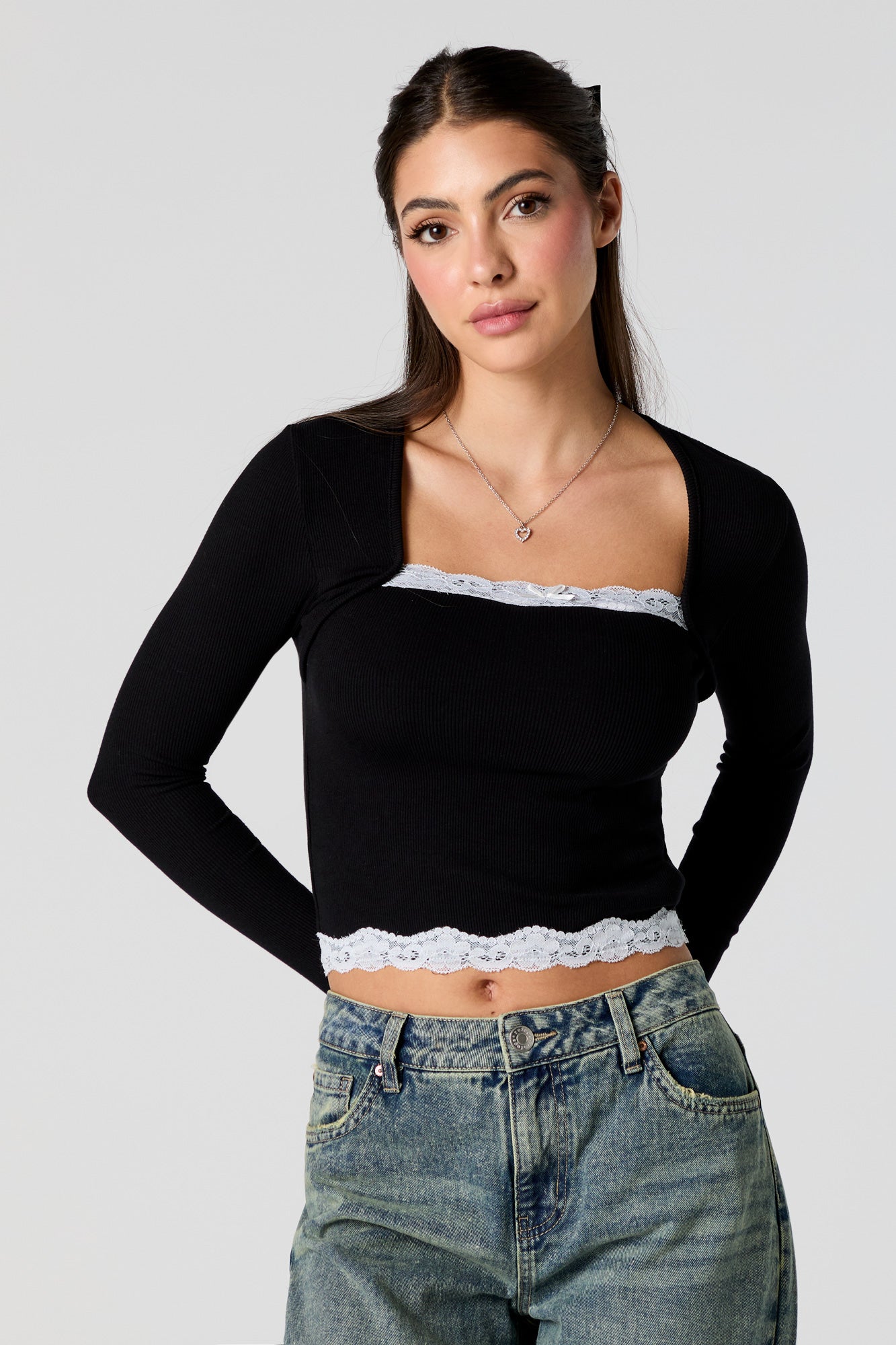 Ribbed Lace Trim Long Sleeve Top