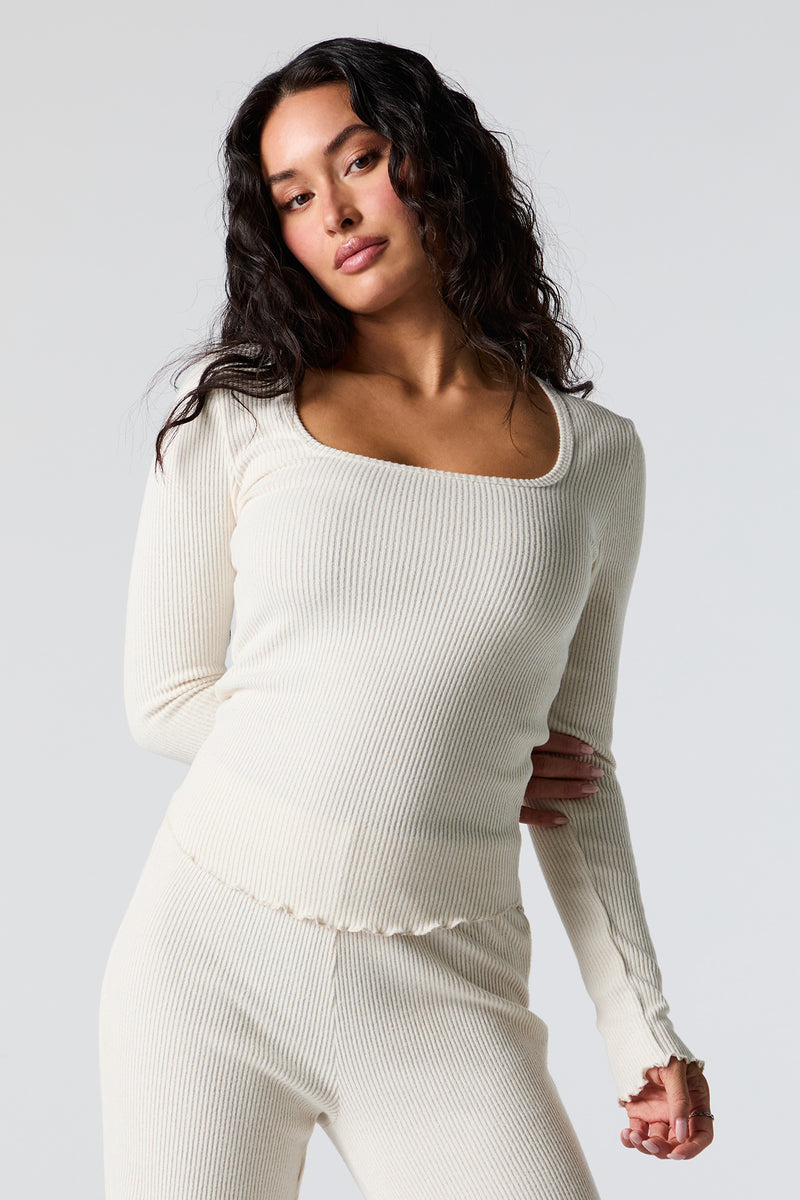 Ribbed Knit Square Neck Long Sleeve Top