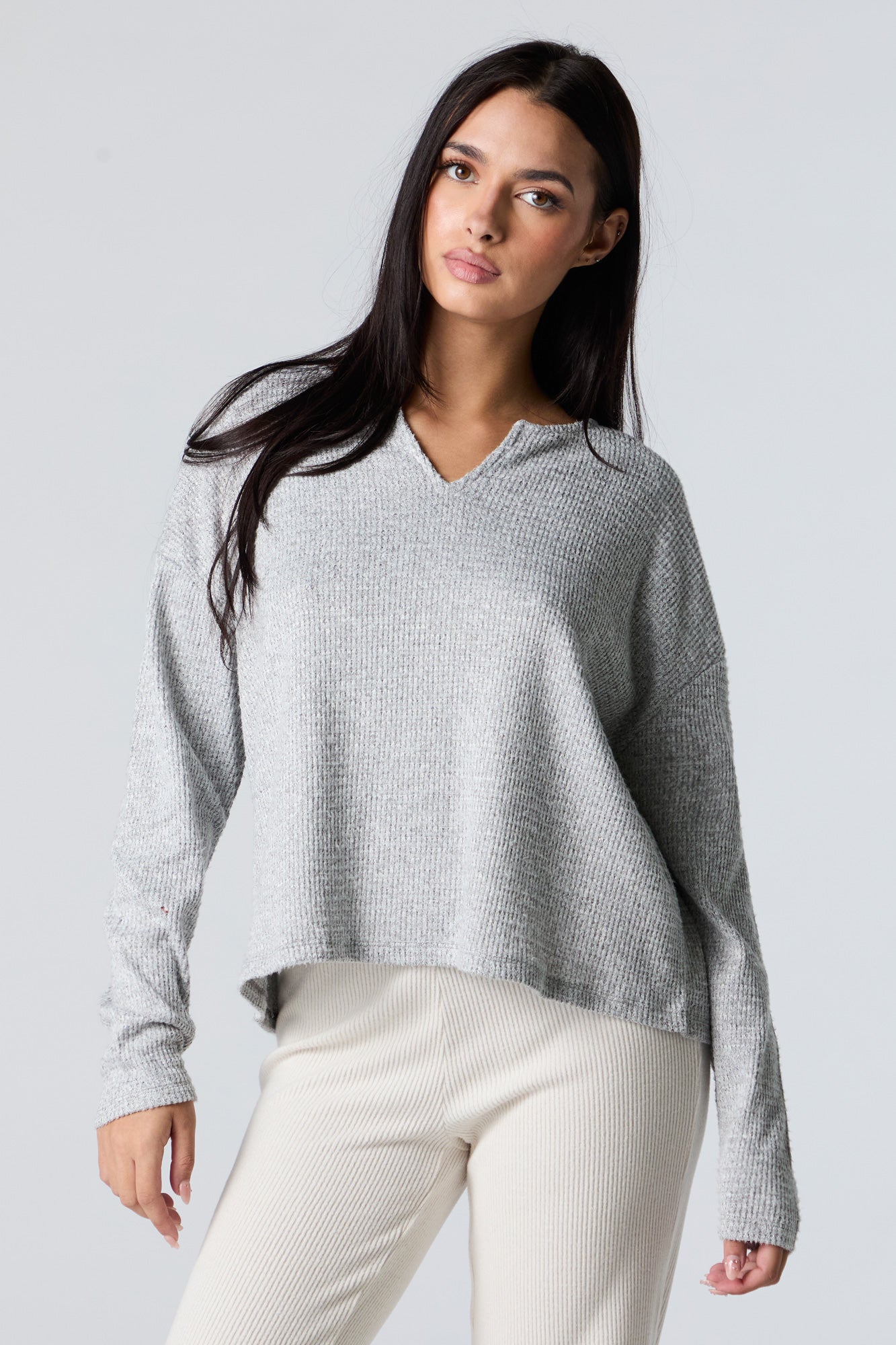 Waffle Knit Notch Neck Boxy Top