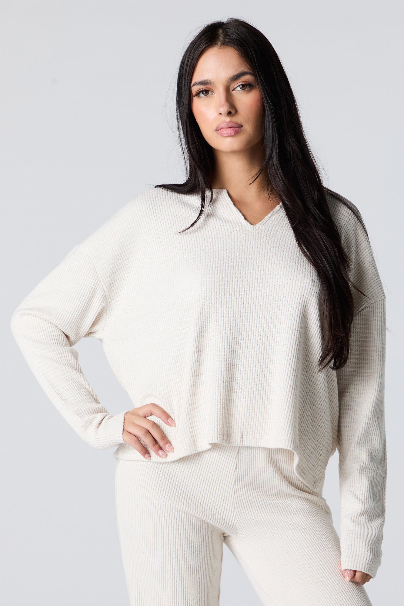 Waffle Knit Notch Neck Boxy Top