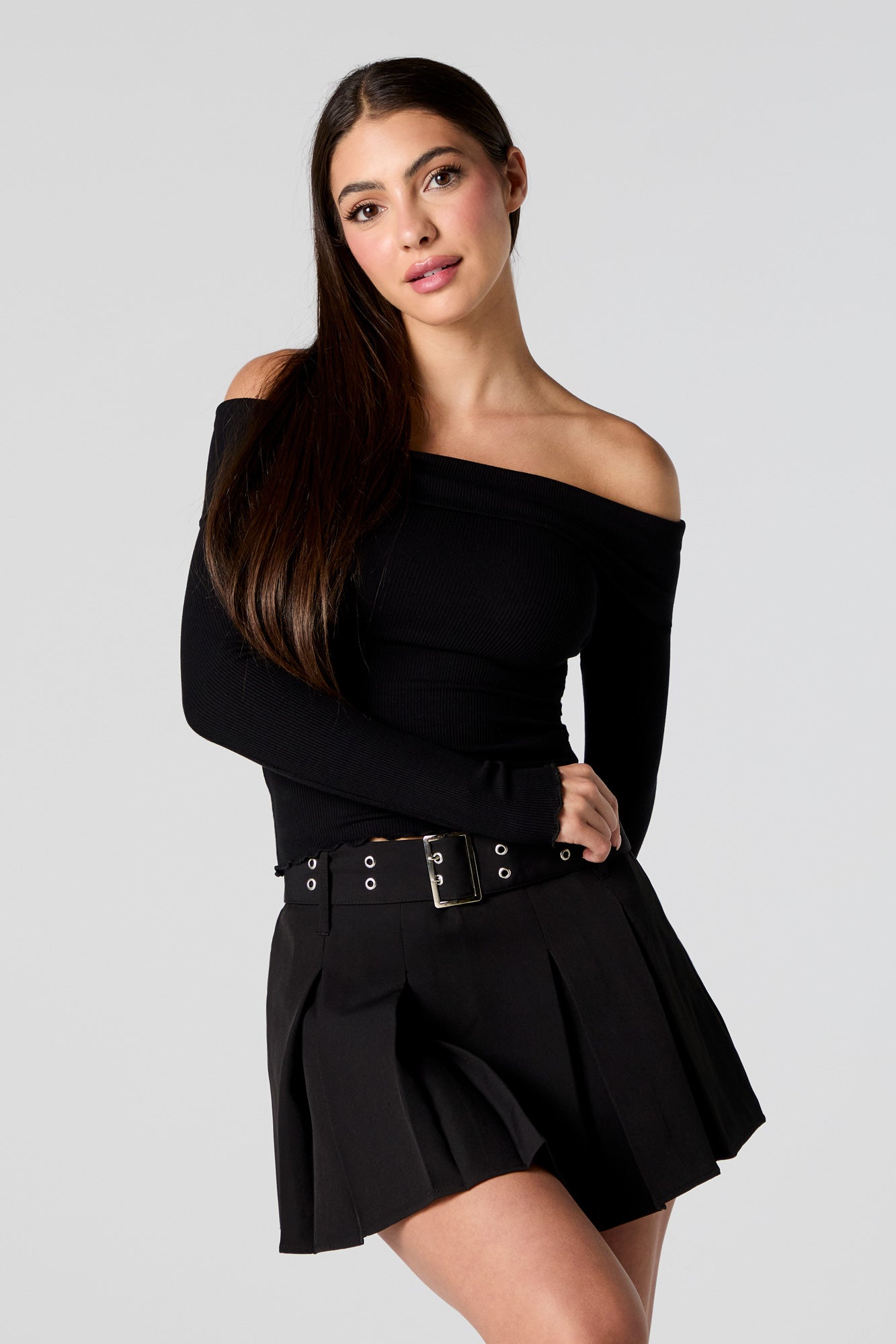 Ribbed Off Shoulder Long Sleeve Top