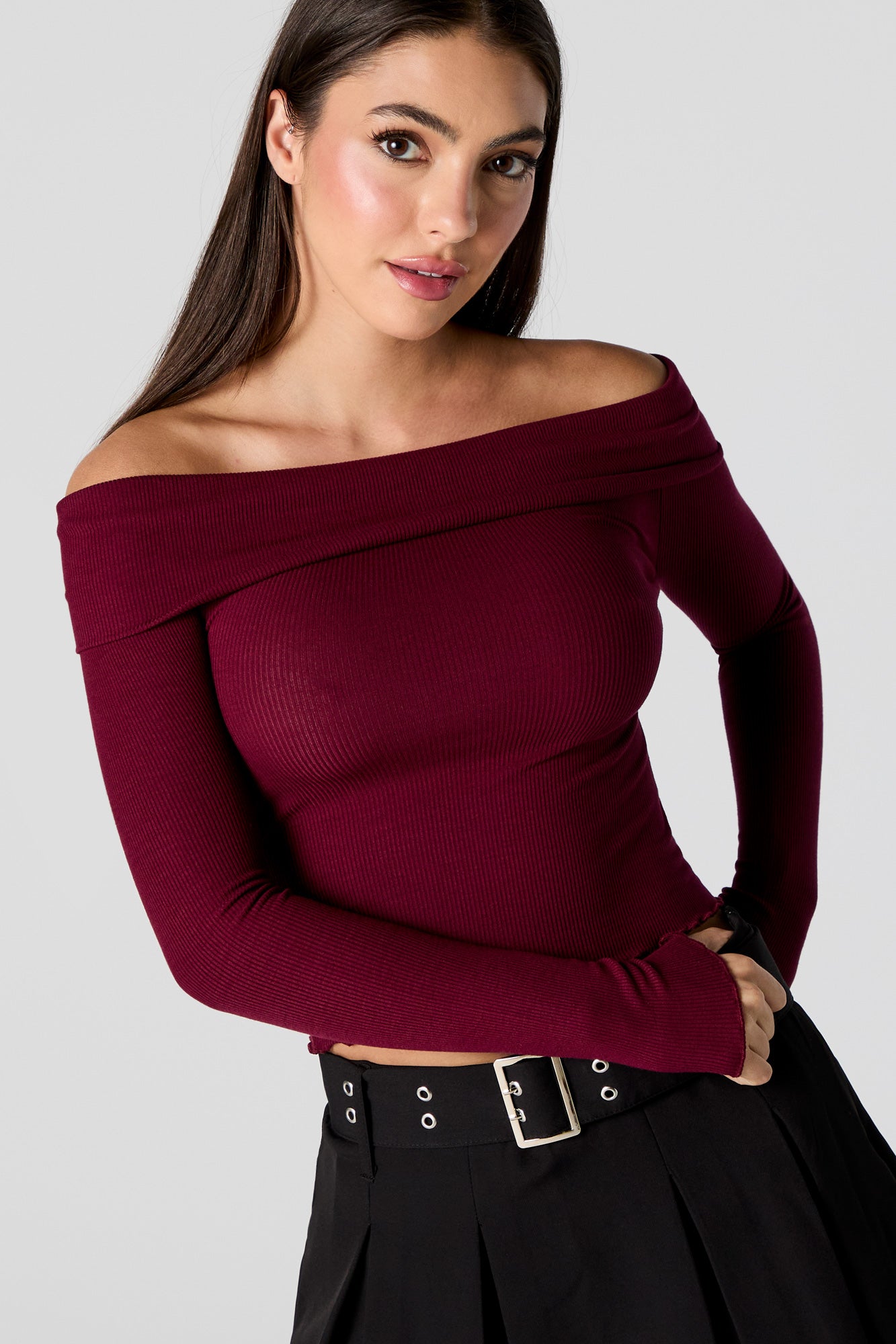 Ribbed Off Shoulder Long Sleeve Top