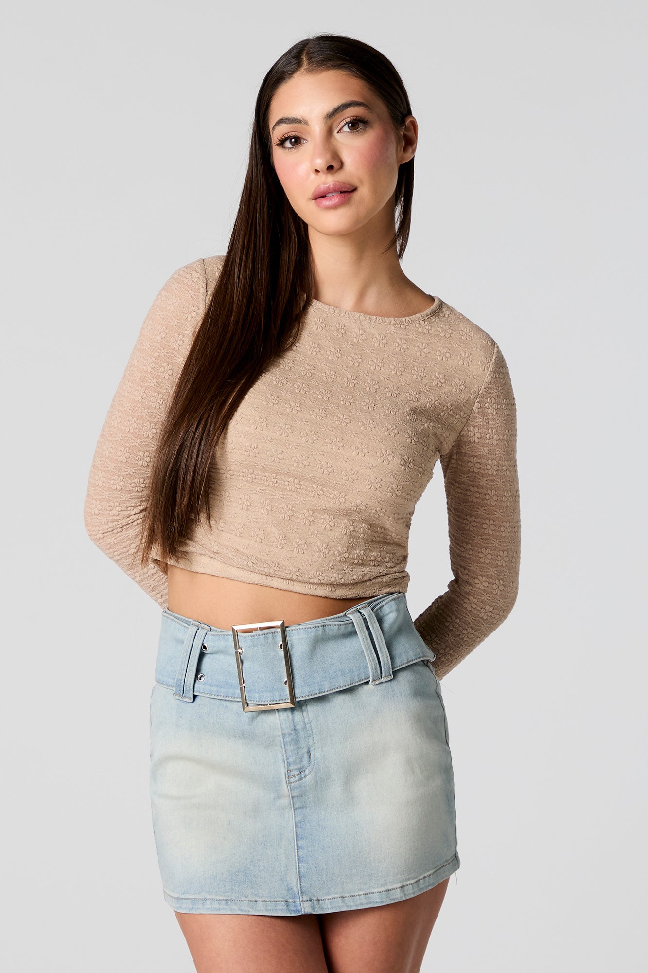 Floral Lace Long Sleeve Crop Top