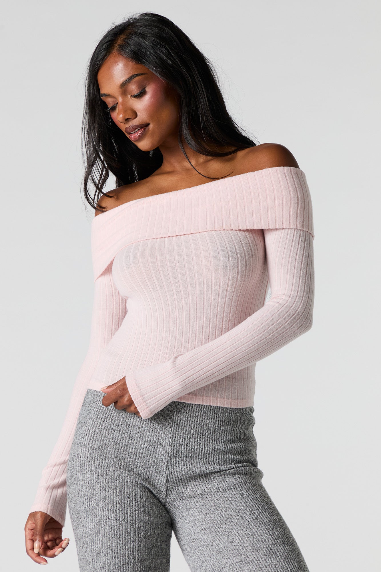 Off Shoulder Ribbed Sweater