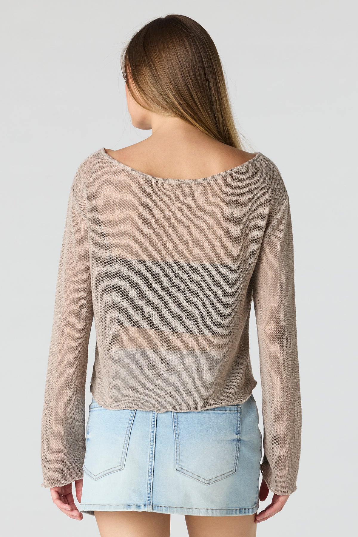 Alt View 2. Crochet Off Shoulder Long Sleeve Top - Tan