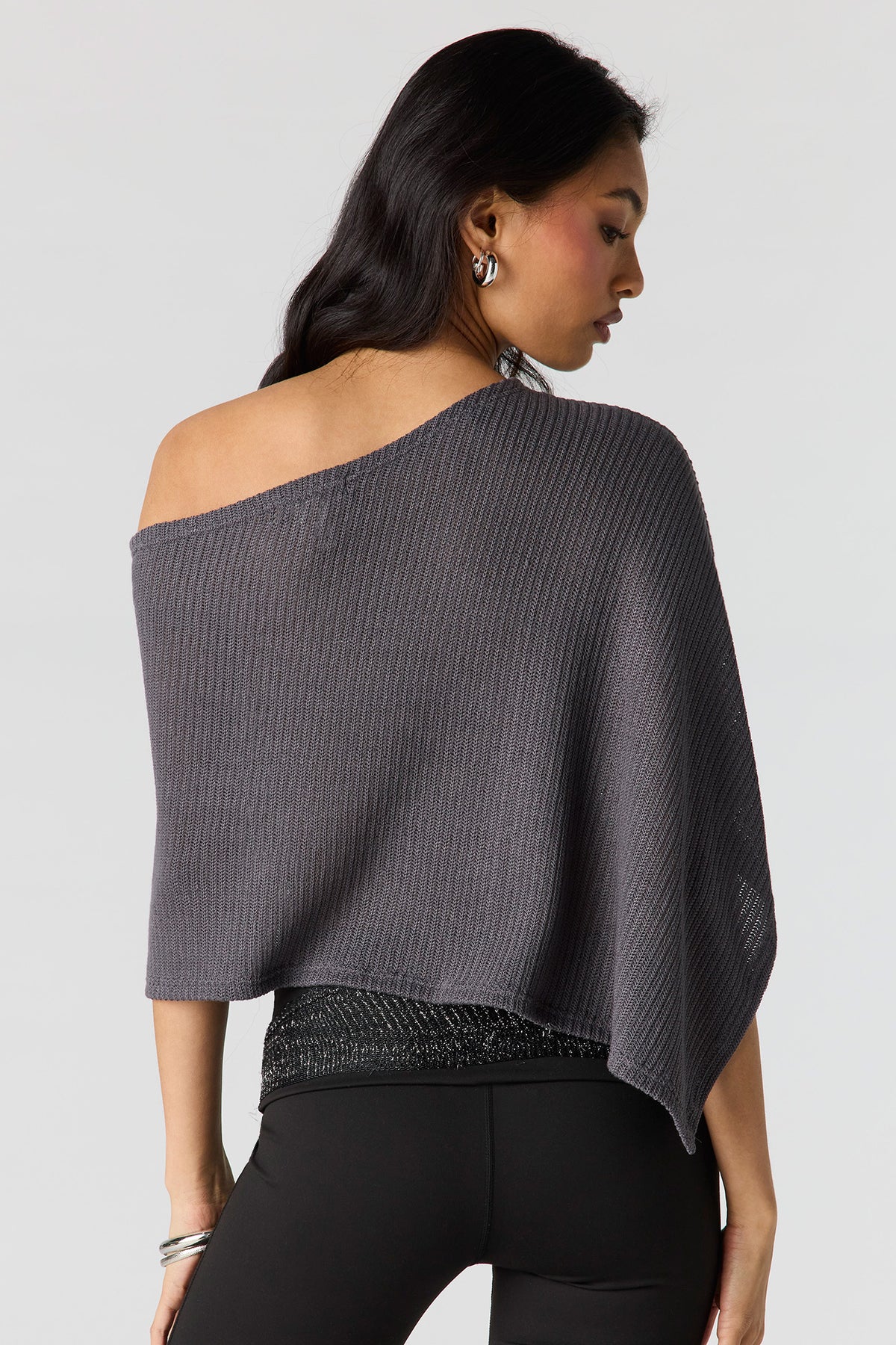 Alt View 2. Ribbed Poncho - Dark Grey
