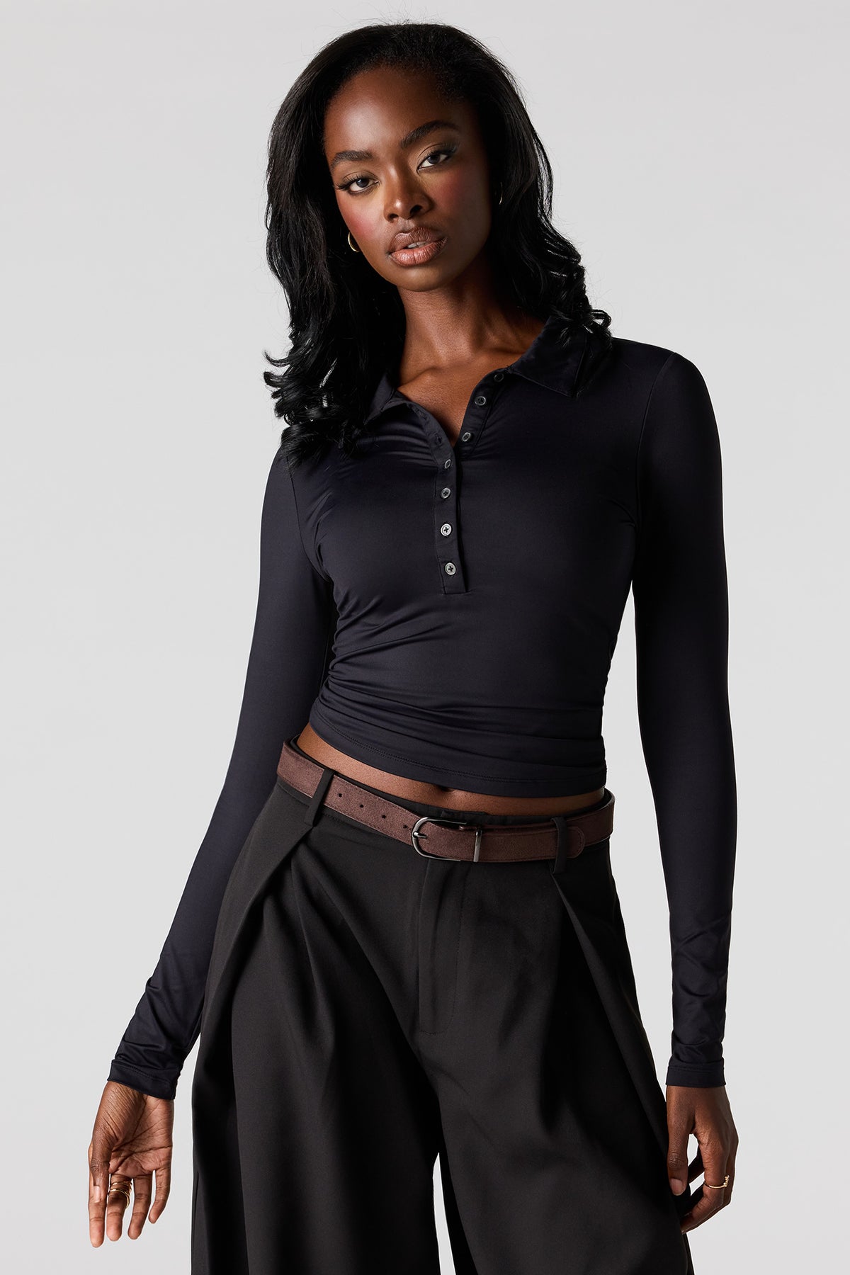 Luxe Heavy Contour Long Sleeve Polo - Black