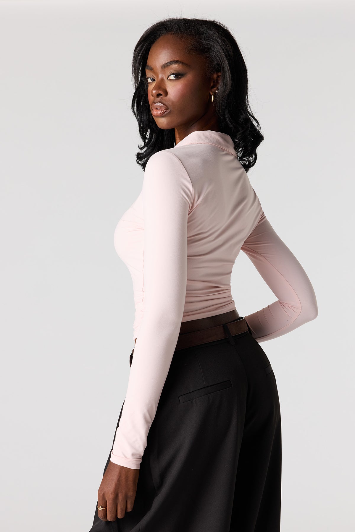 Alt View 2. Luxe Heavy Contour Long Sleeve Polo - Pink