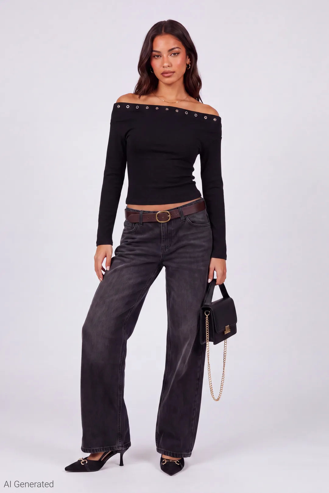 Alt View 2. Studded Off Shoulder Long Sleeve Top - Black