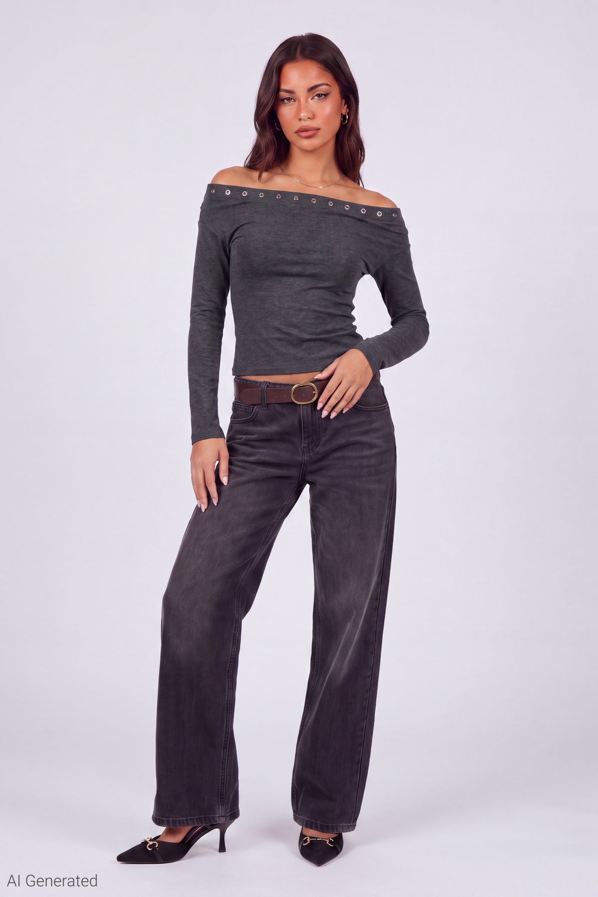 Alt View 2. Studded Off Shoulder Long Sleeve Top - Charcoal