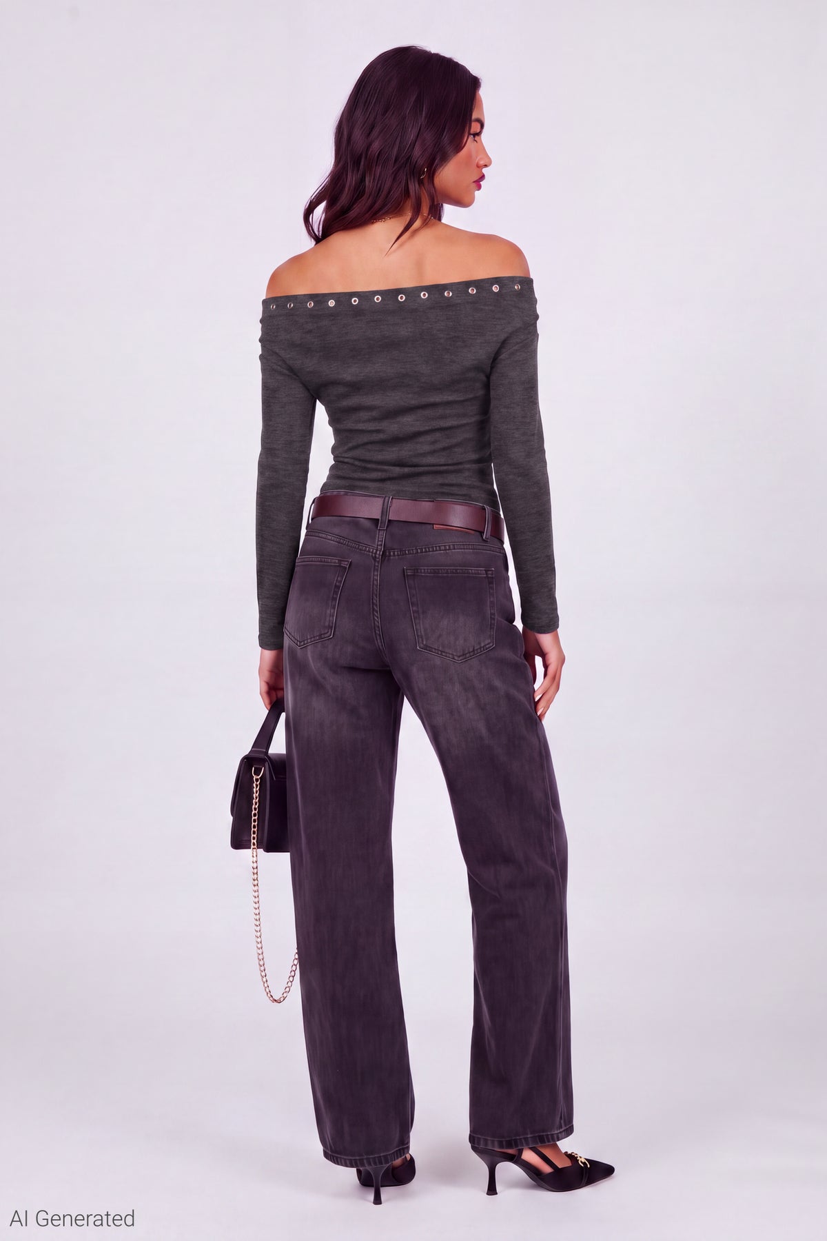 Alt View 3. Studded Off Shoulder Long Sleeve Top - Charcoal