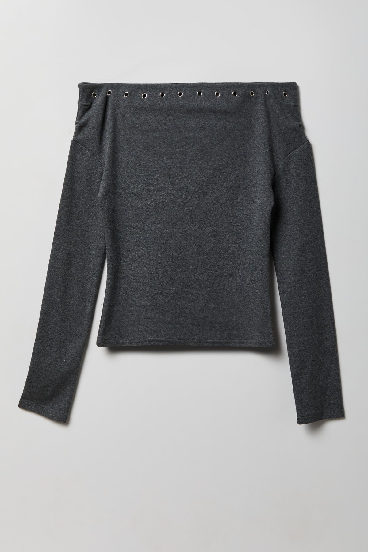 Studded Off Shoulder Long Sleeve Top - Charcoal