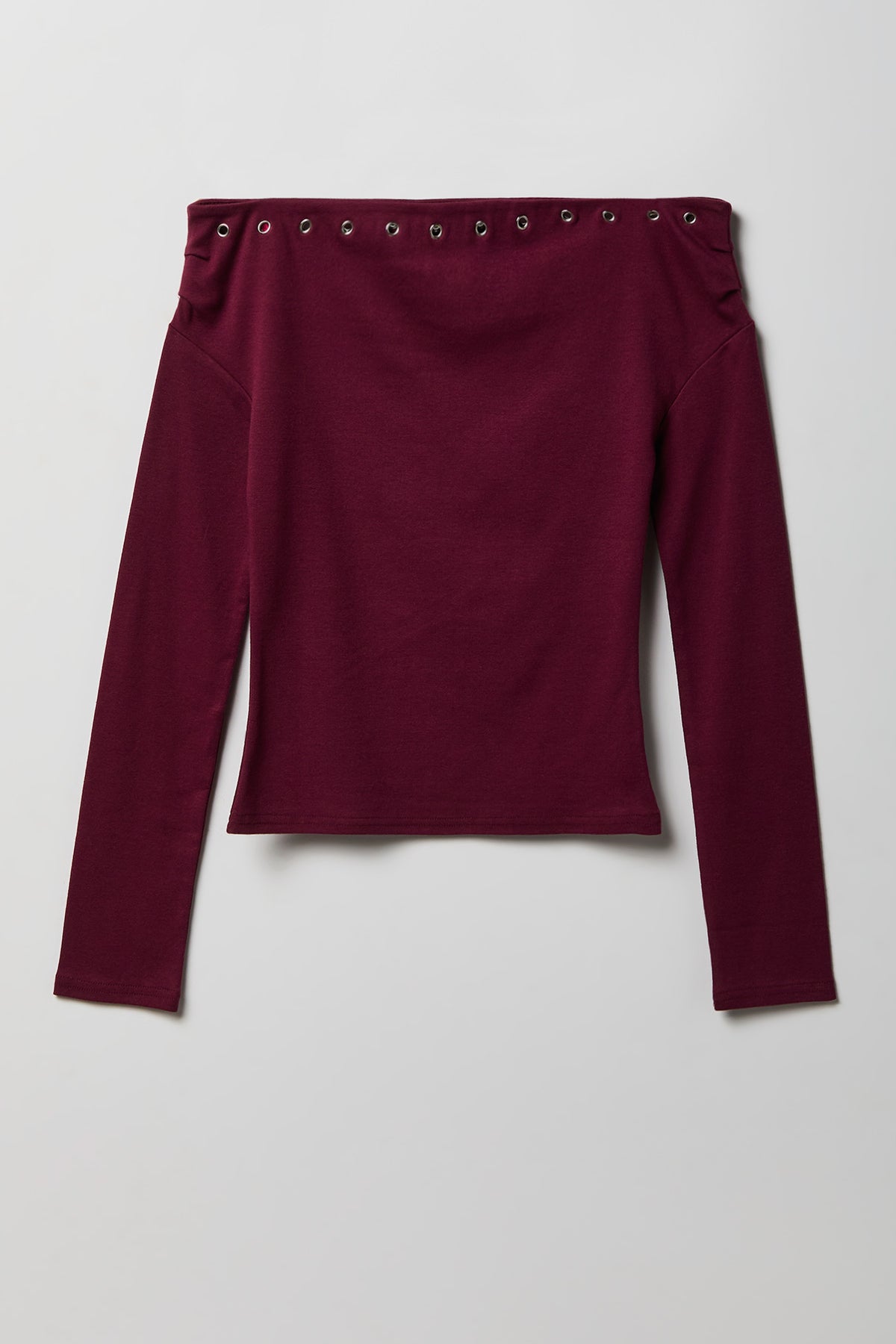 Studded Off Shoulder Long Sleeve Top - Burgundy