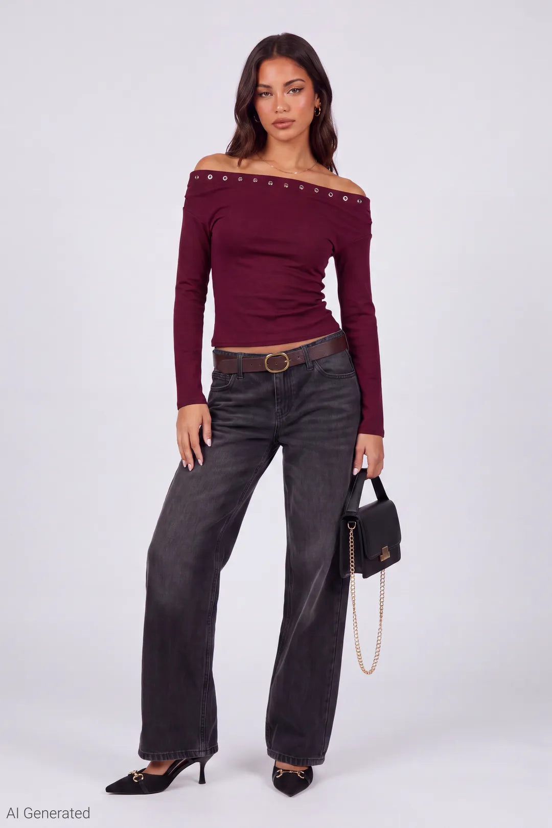 Alt View 2. Studded Off Shoulder Long Sleeve Top - Burgundy