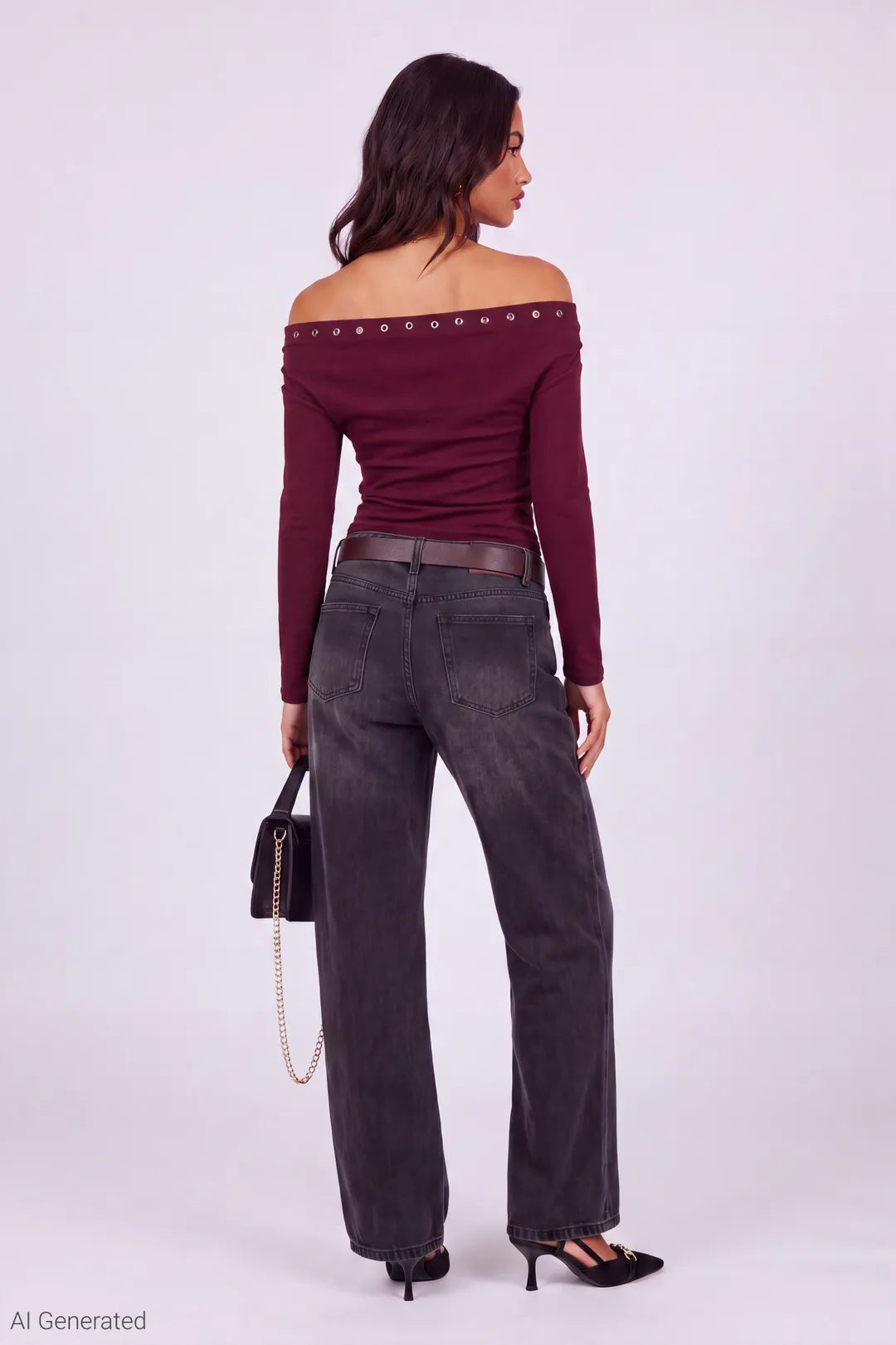 Alt View 3. Studded Off Shoulder Long Sleeve Top - Burgundy