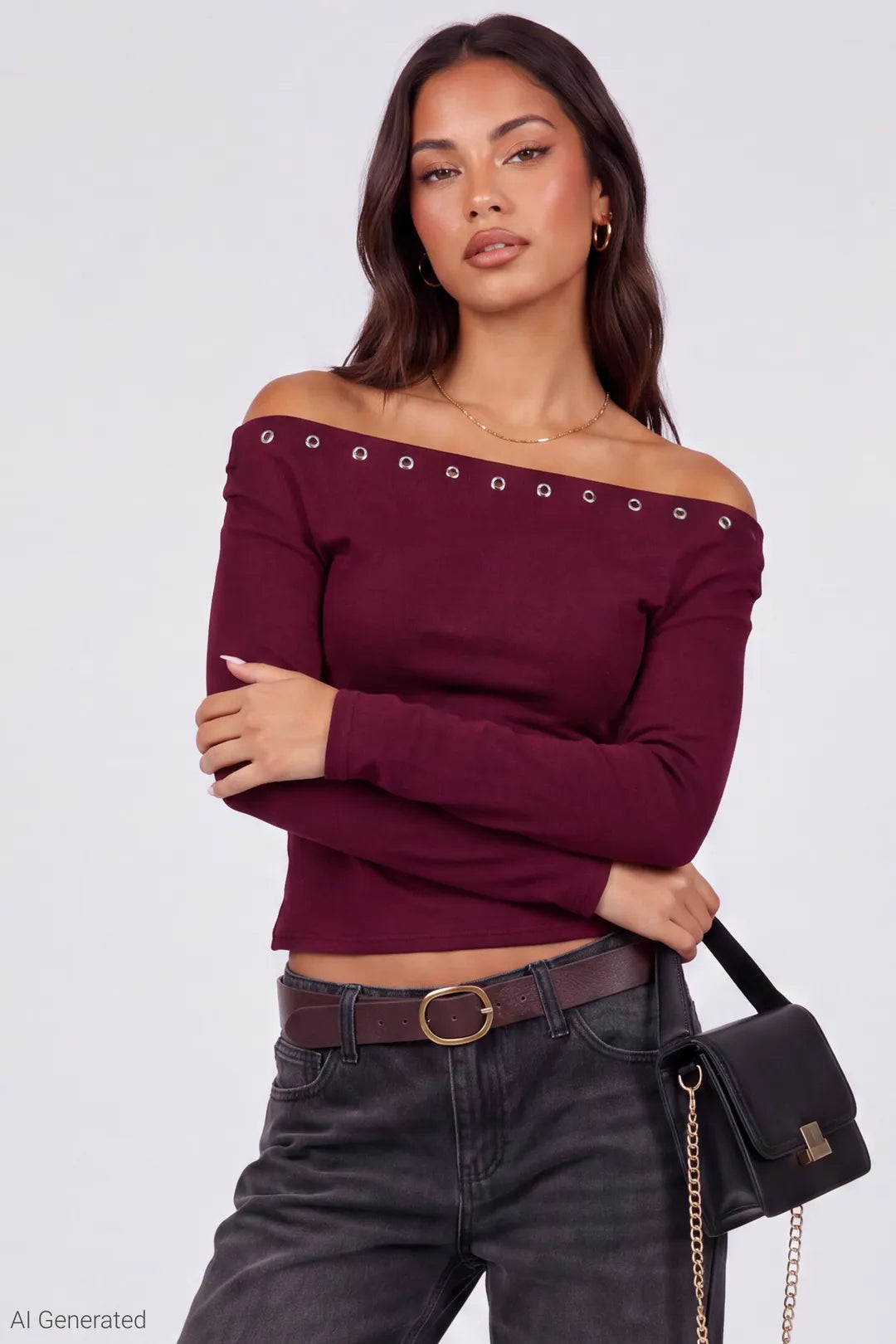 Studded Off Shoulder Long Sleeve Top - Burgundy
