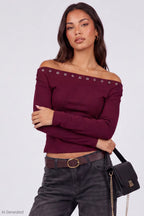 Studded Off Shoulder Long Sleeve Top