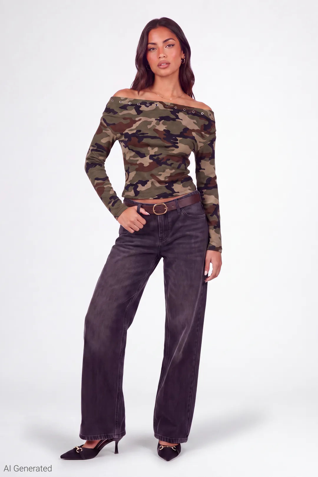 Alt View 2. Studded Off Shoulder Long Sleeve Top - Camouflage