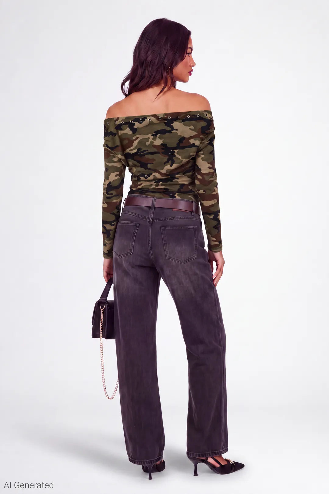 Alt View 3. Studded Off Shoulder Long Sleeve Top - Camouflage
