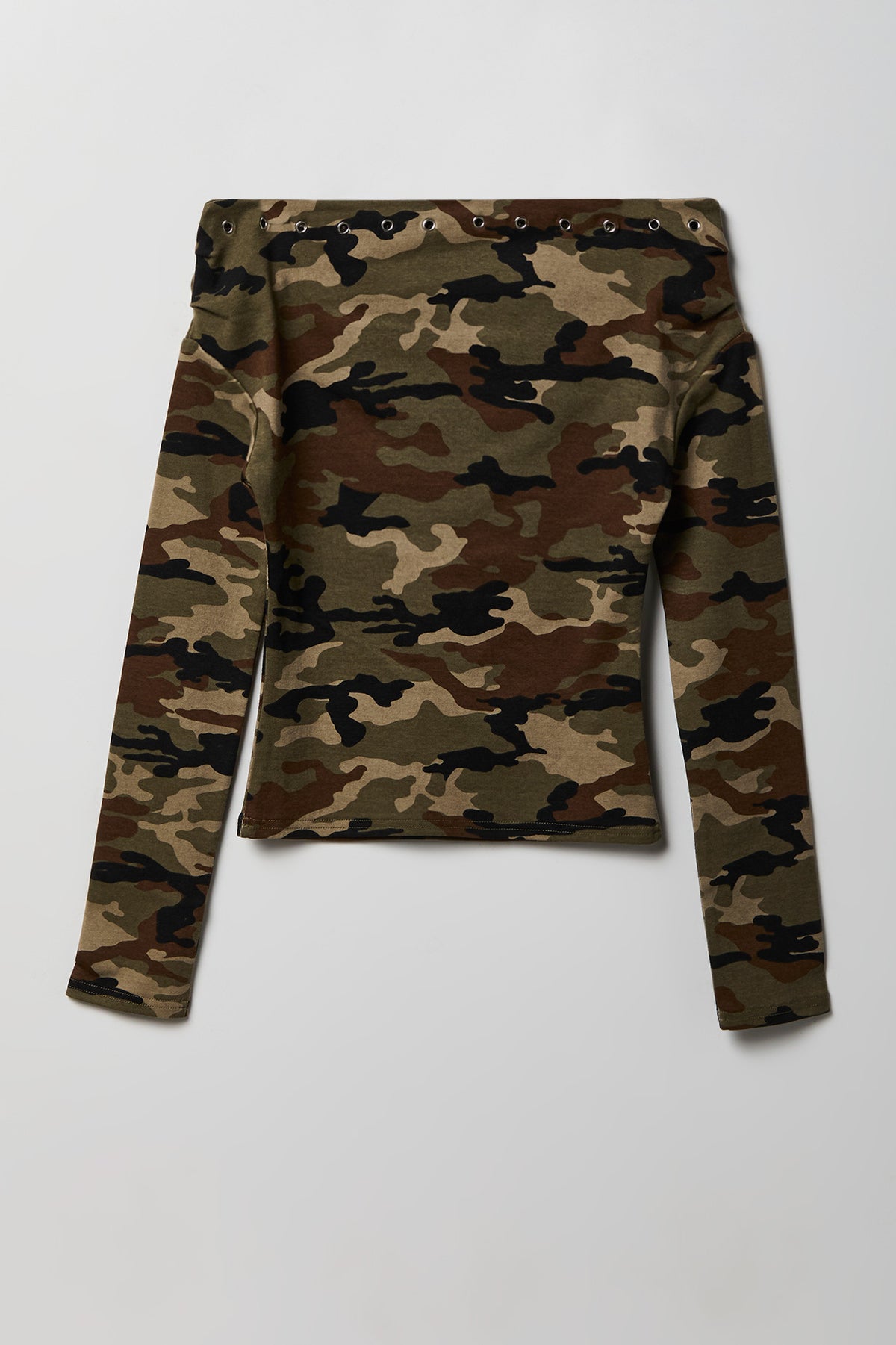 Studded Off Shoulder Long Sleeve Top - Camouflage