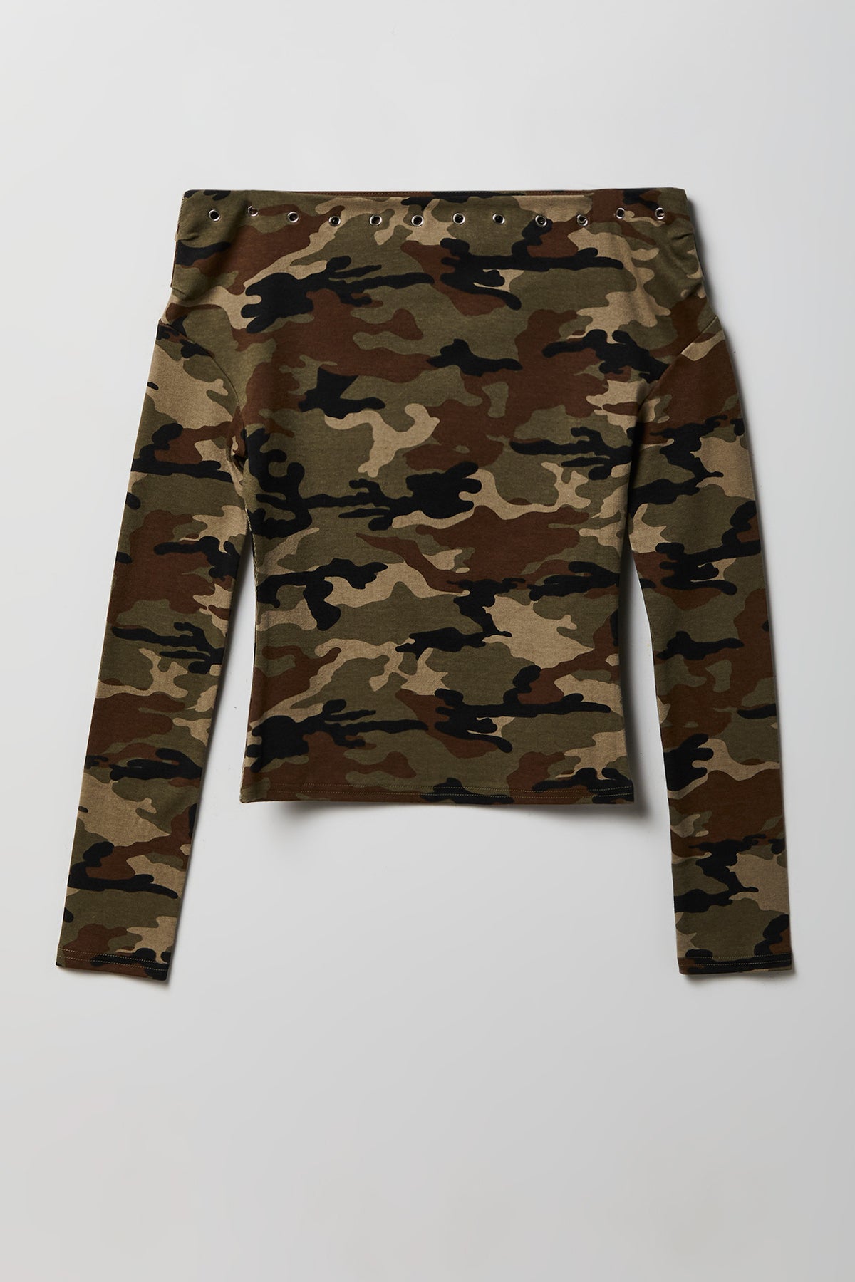 Alt View 2. Studded Off Shoulder Long Sleeve Top - Camouflage