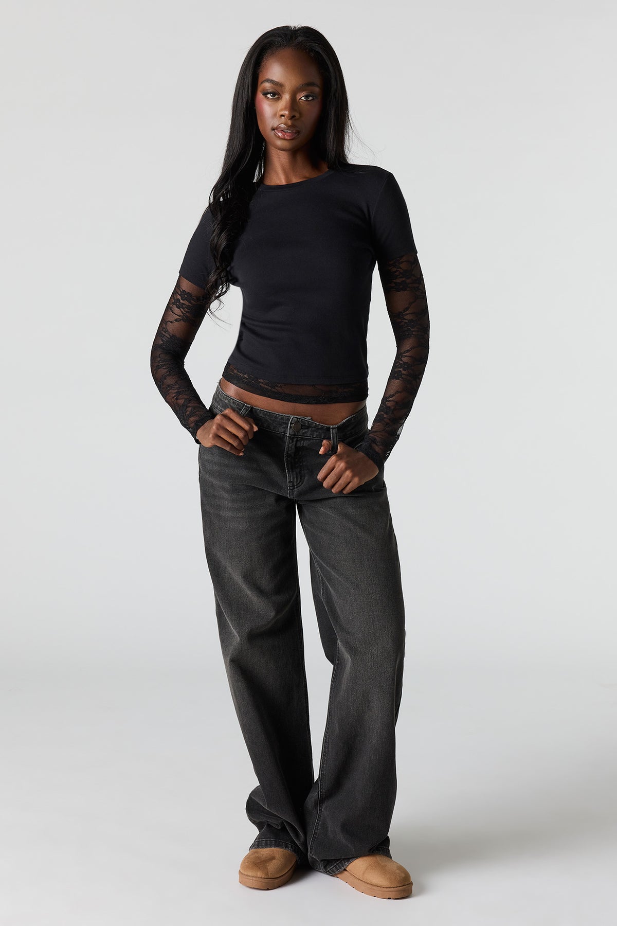 Alt View 3. Twofer Lace Long Sleeve Top - Black