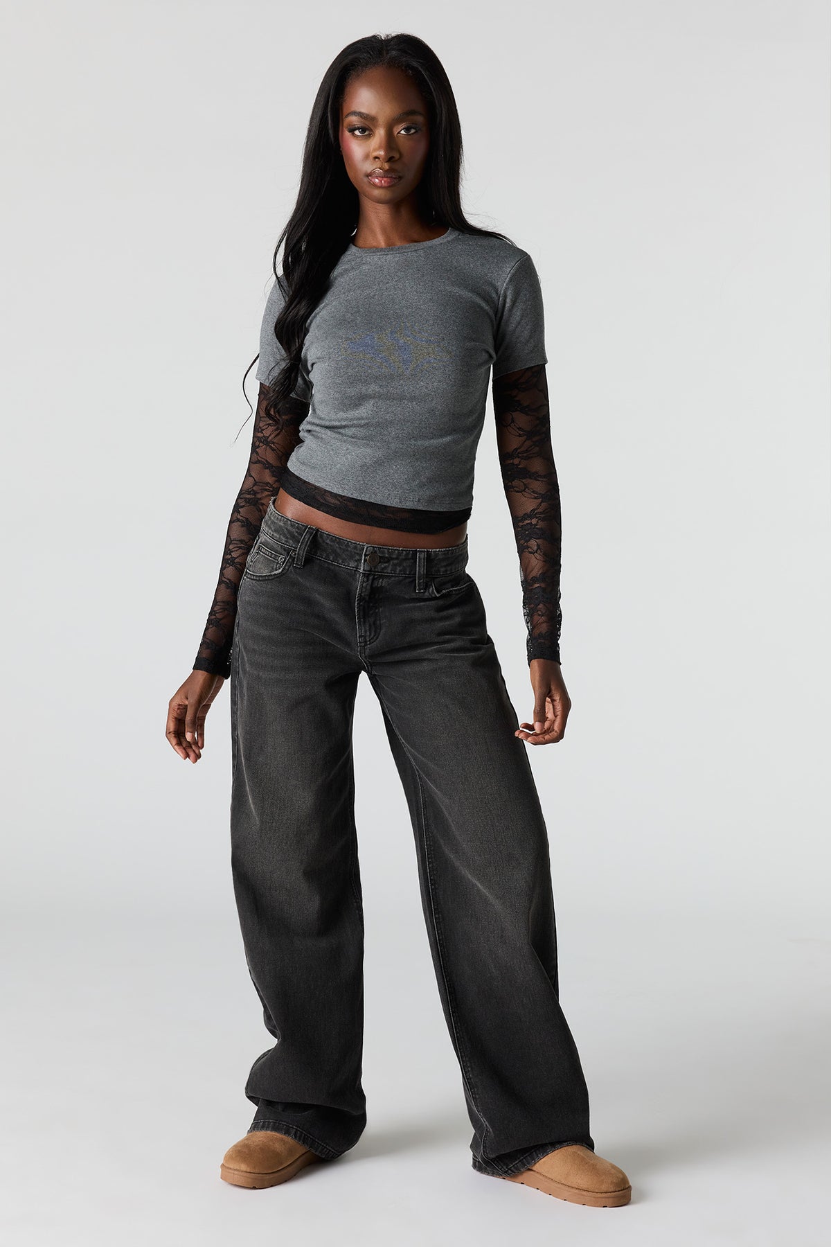 Alt View 3. Twofer Lace Long Sleeve Top - Charcoal