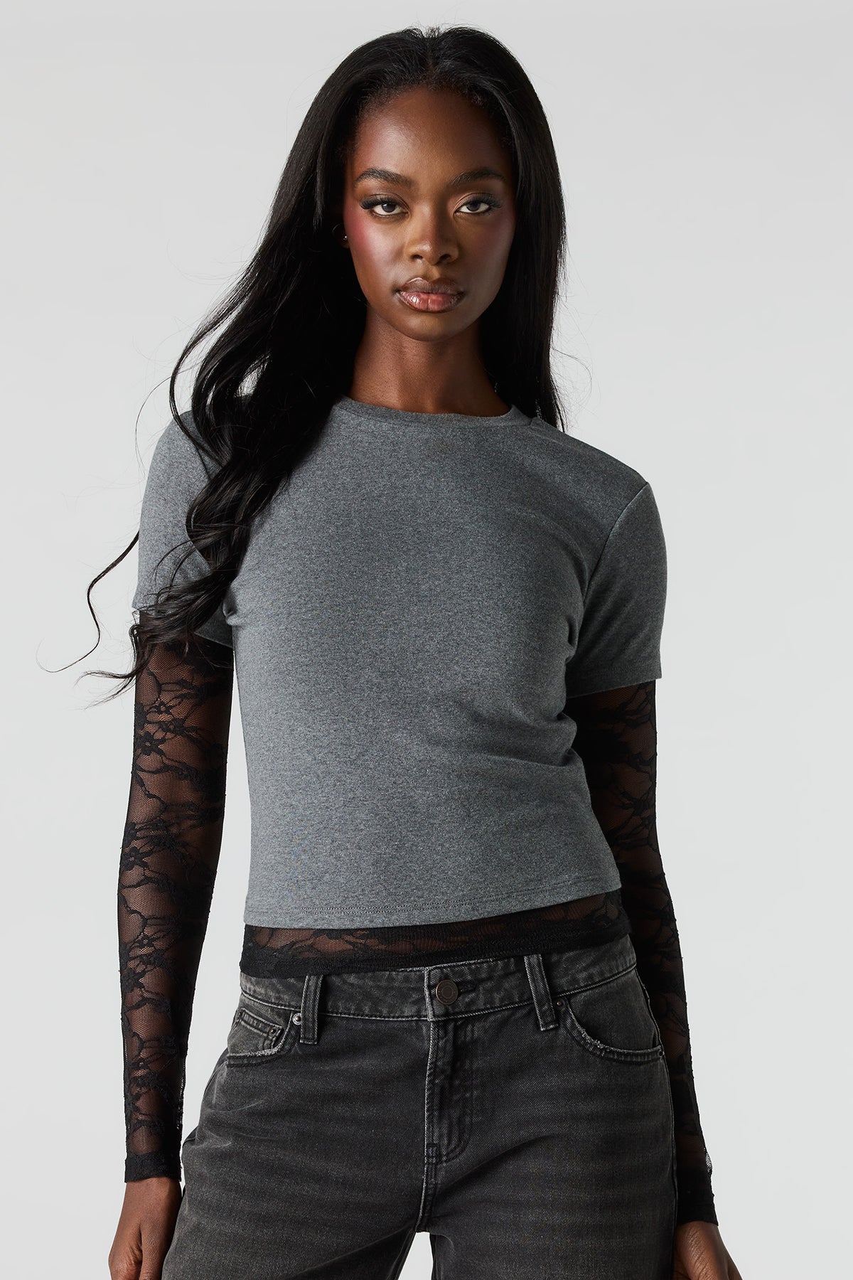 Alt View 4. Twofer Lace Long Sleeve Top - Charcoal
