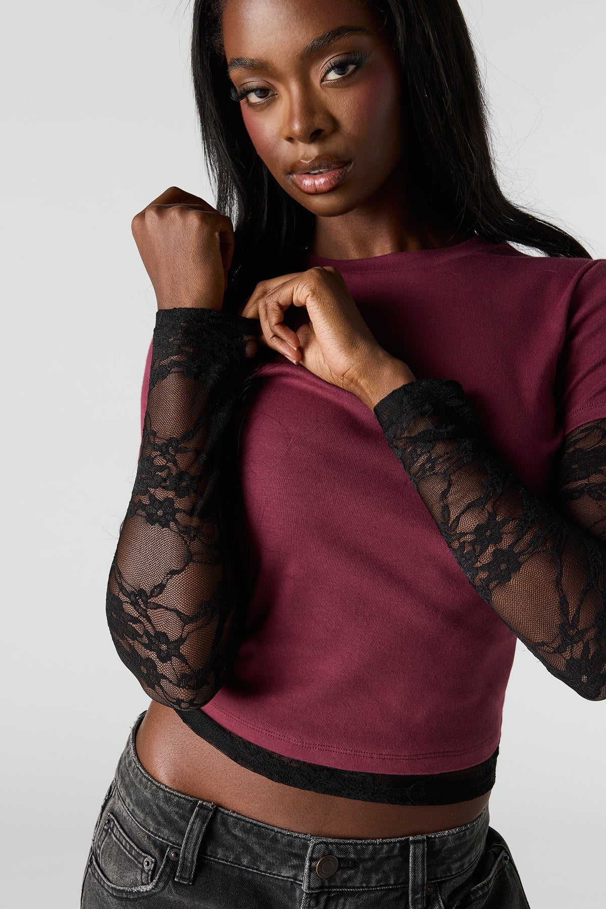 Alt View 4. Twofer Lace Long Sleeve Top - Burgundy
