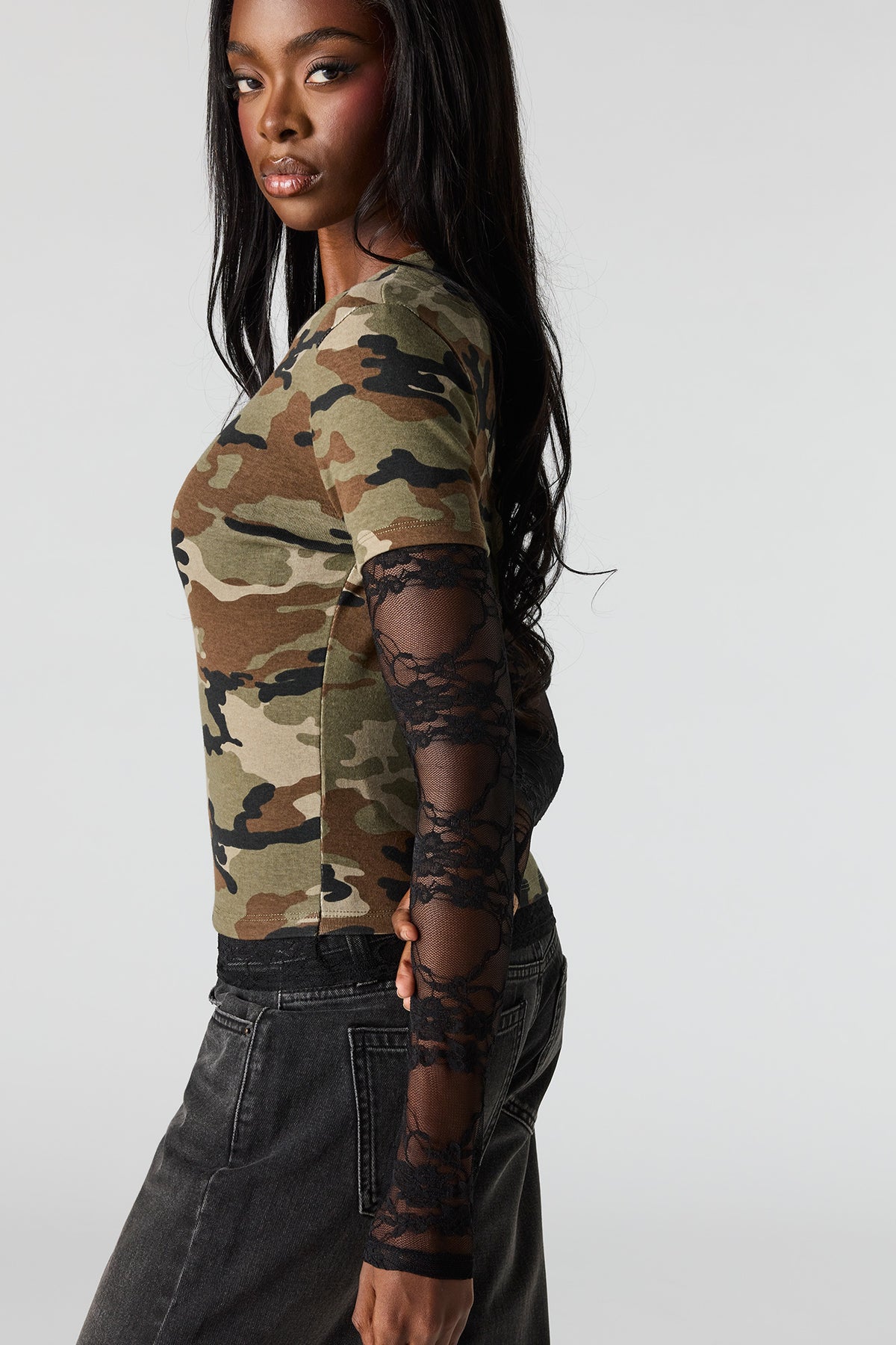 Alt View 4. Twofer Lace Long Sleeve Top - Camouflage