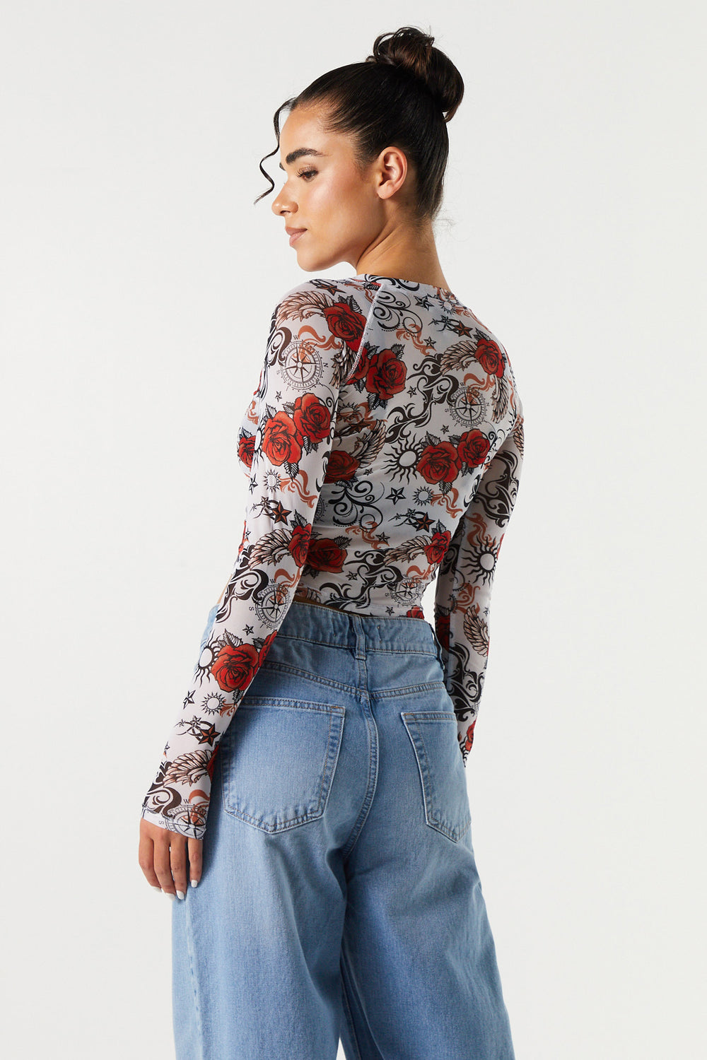 Rose Print Mesh Long Sleeve Crop Top Rose Print Mesh Long Sleeve Crop Top 2