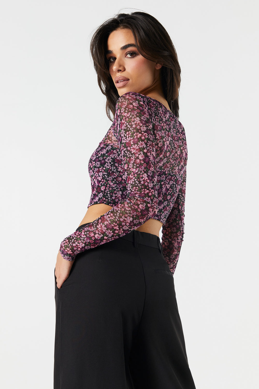 Floral Mesh Corset Cropped Long Sleeve Top Floral Mesh Corset Cropped Long Sleeve Top 2