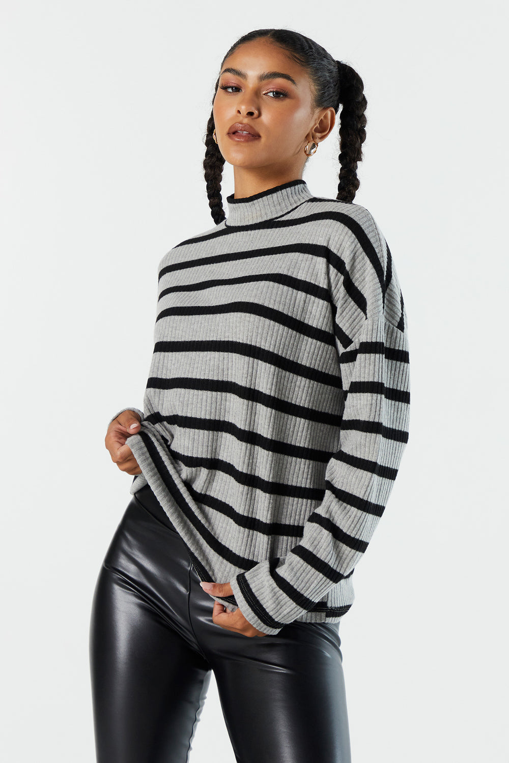Striped Ribbed Mock Neck Sweater Striped Ribbed Mock Neck Sweater 1