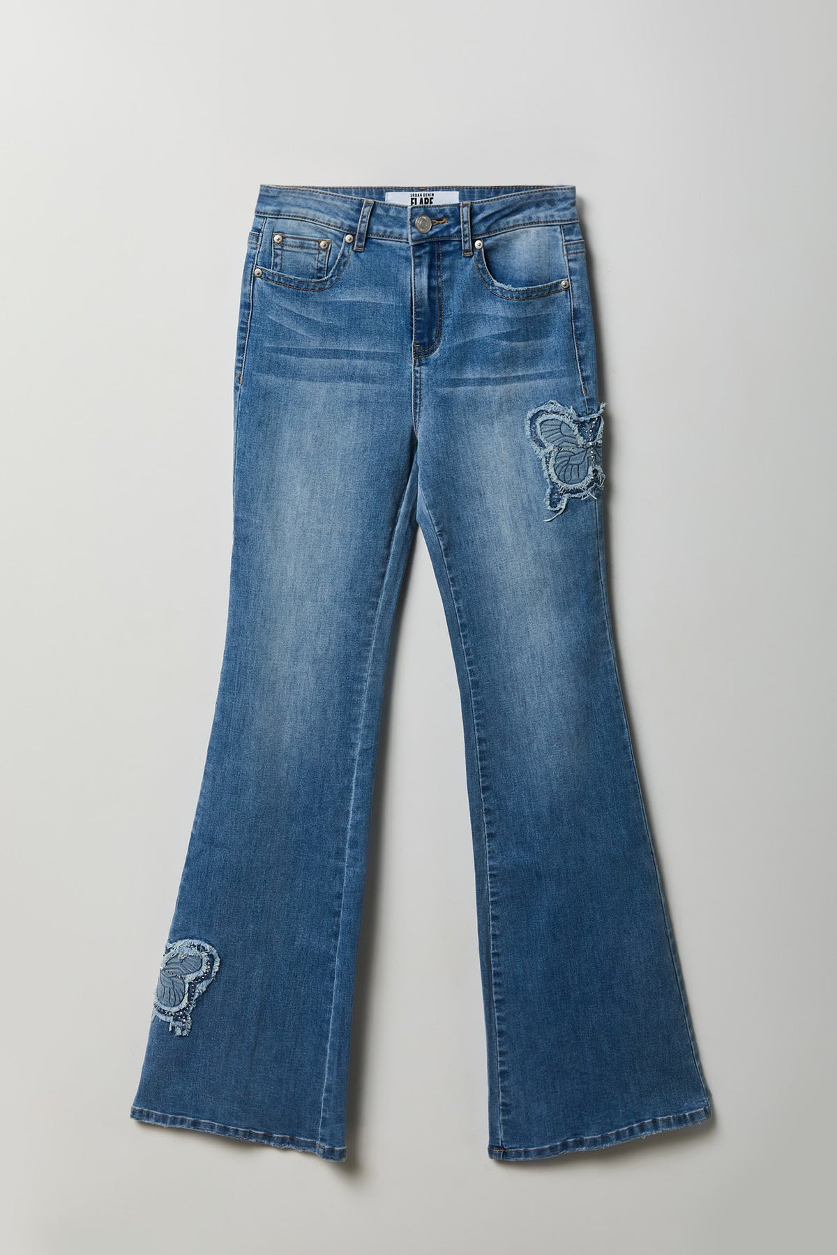Stretch High Rise Butterfly Patch Flare Jean 22" - Medium Blue
