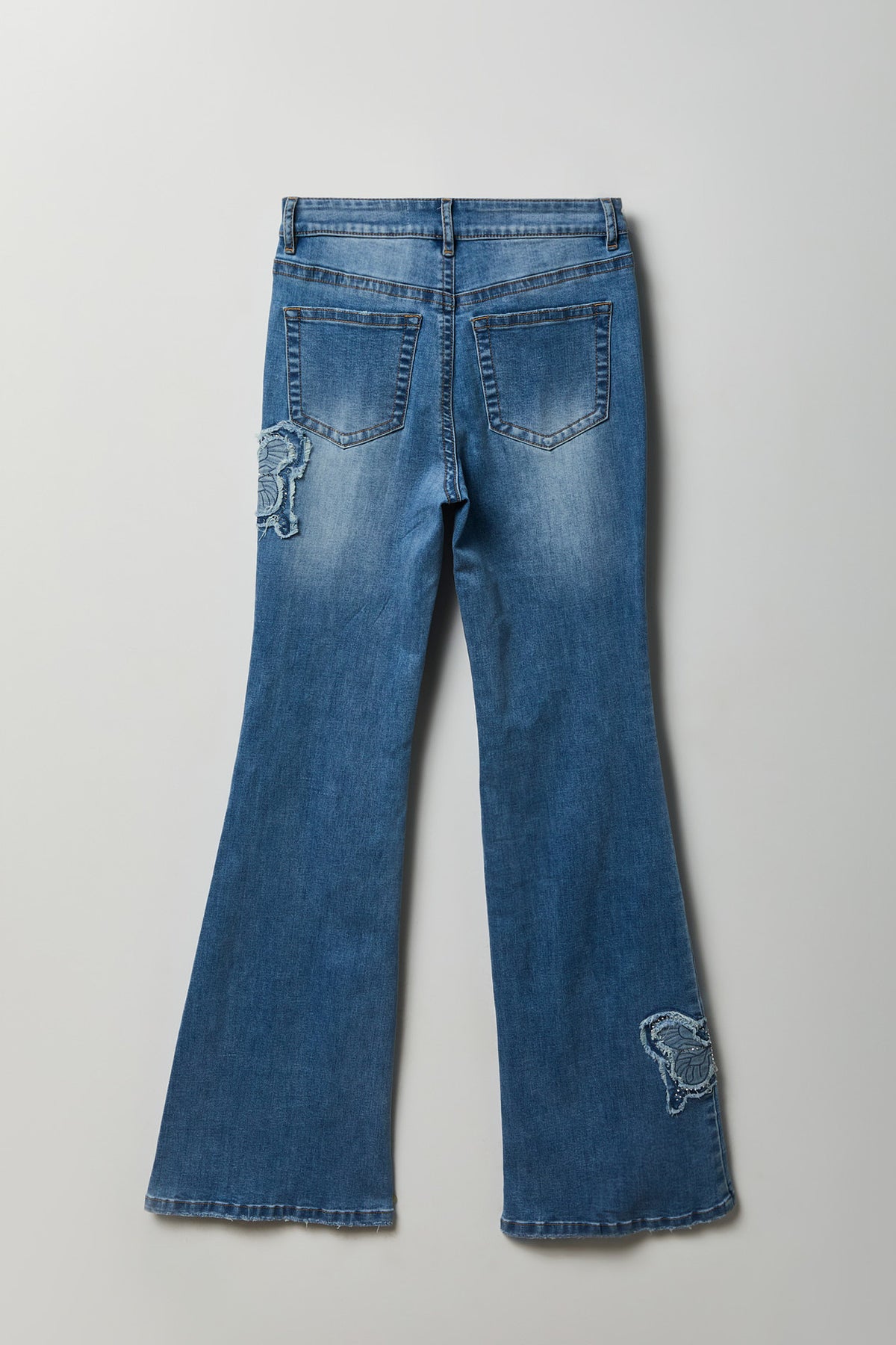 Alt View 2. Stretch High Rise Butterfly Patch Flare Jean 22" - Medium Blue
