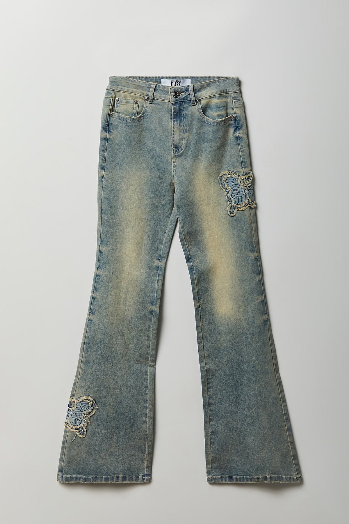 Stretch High Rise Butterfly Patch Flare Jean 22" - Sky Blue